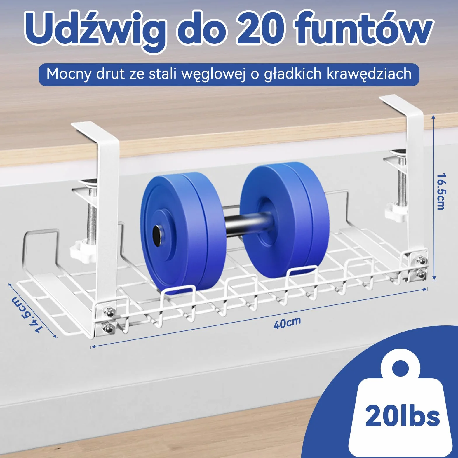 HOMMAND Kanał Kablowy na Biurko, Taca do Zarządzania Kablami pod Biurkiem, Stalowe Organizery Kabli Biurkowych, Organizer Kabli pod Biurko do Zarządzania Kablami i Listwami Zasilającymi, Biały