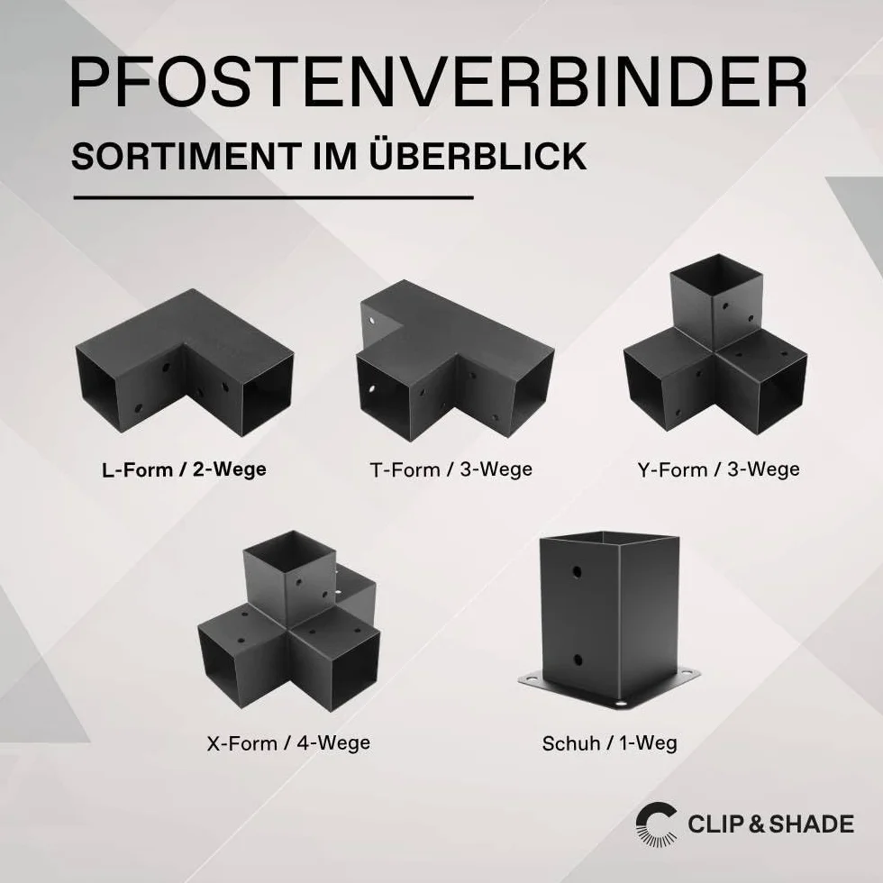 CLIP'N'SHADE Wspornik słupka 100 x 100 cm, łączniki narożne 3-drożne, buty belek 10 x 10 cm, ocynkowane malowane proszkowo do pergoli