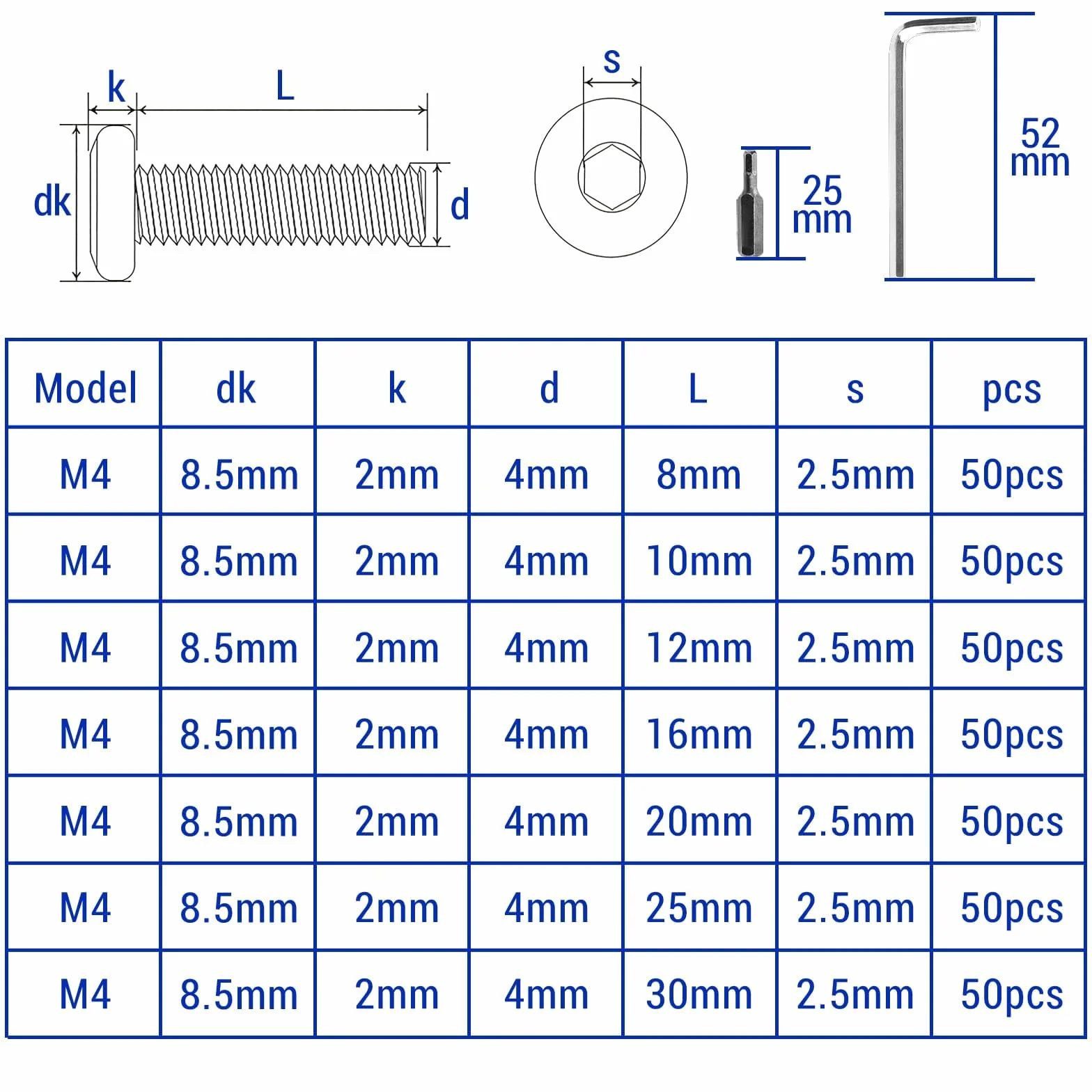 Śruby M4 z łbem płaskim 10 mm 304 stal szlachetna A2 V2A pełny gwint klucz imbusowy 50 sztuk
