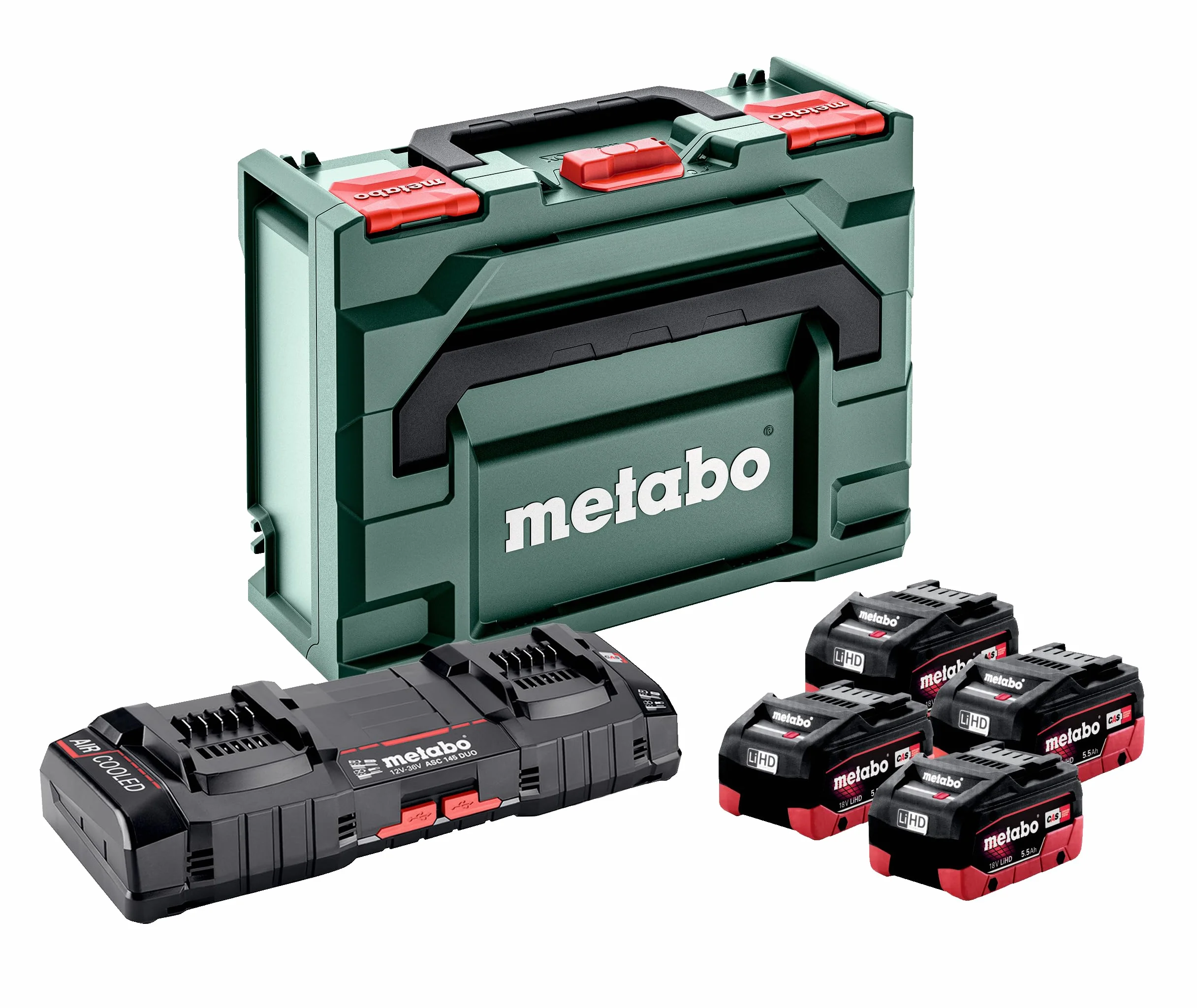 Metabo Zestaw podstawowy 4 x LiHD 5,5 Ah ASC 145 Duo + mB – zestaw akumulatorów do czterokrotnego zasilania i podwójnego szybkiego ładowania