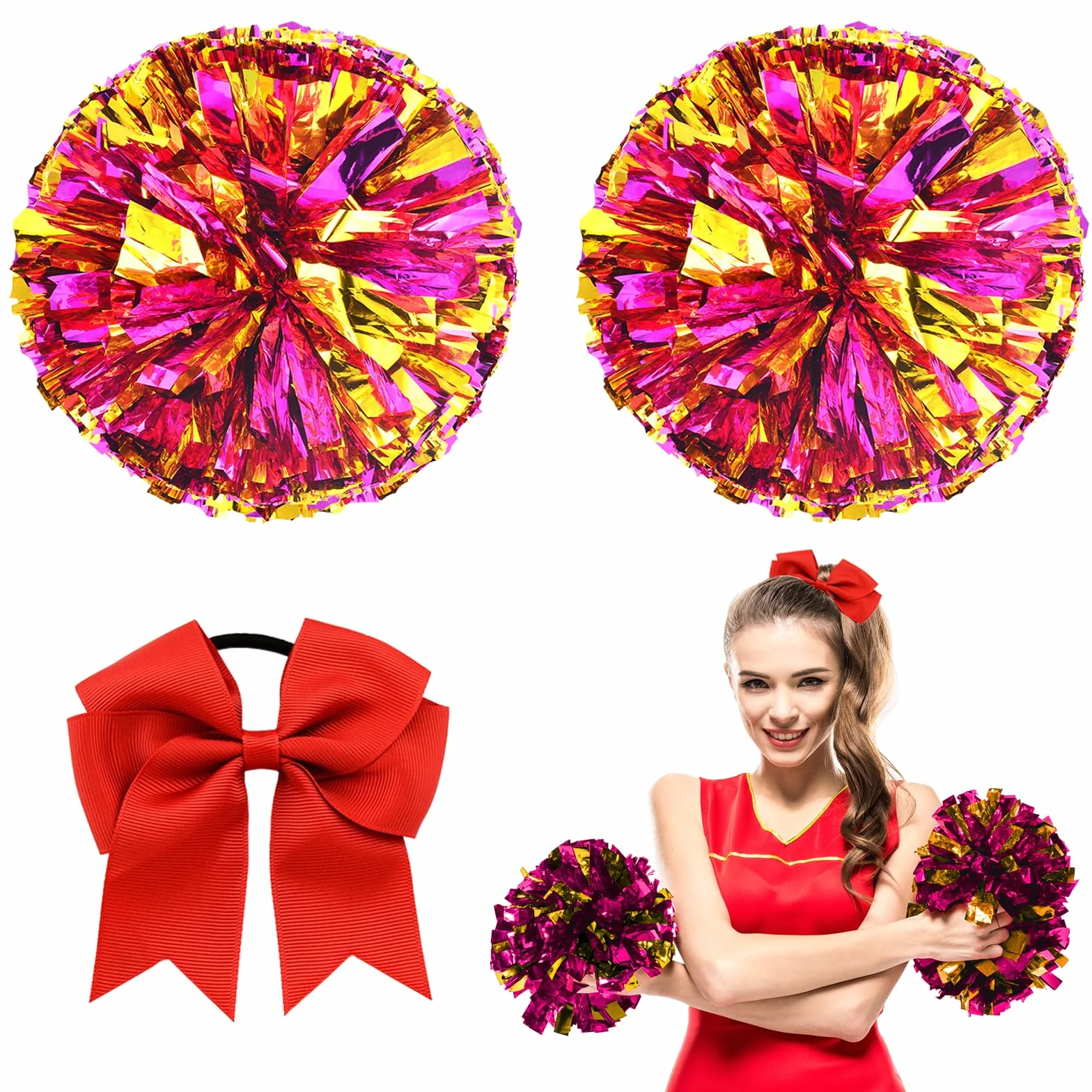 Wondora 2 x pompony cheerleaderki, czerwone pompony cheerleaderki, pompony cheerleaderki, z dużą kokardką, odpowiednie na zawody sportowe, duch zespołowy, cheerleaderki, dla dzieci i dorosłych (różowe