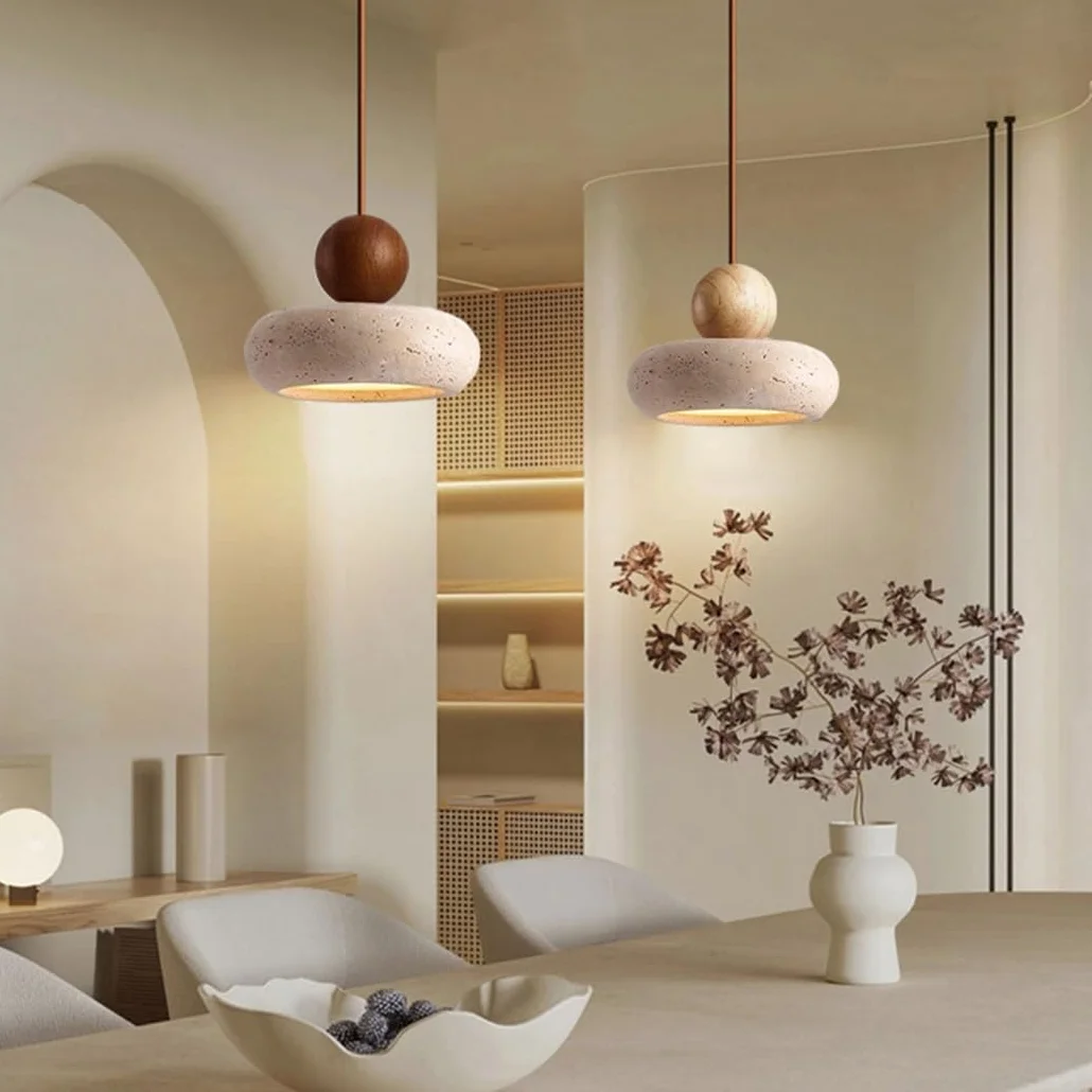 Lampa Wisząca z Trawertynu LED Styl Wabi-Sabi Drewno Okrągła Żyrandol Kamień Naturalny Mała Lampka Nocna