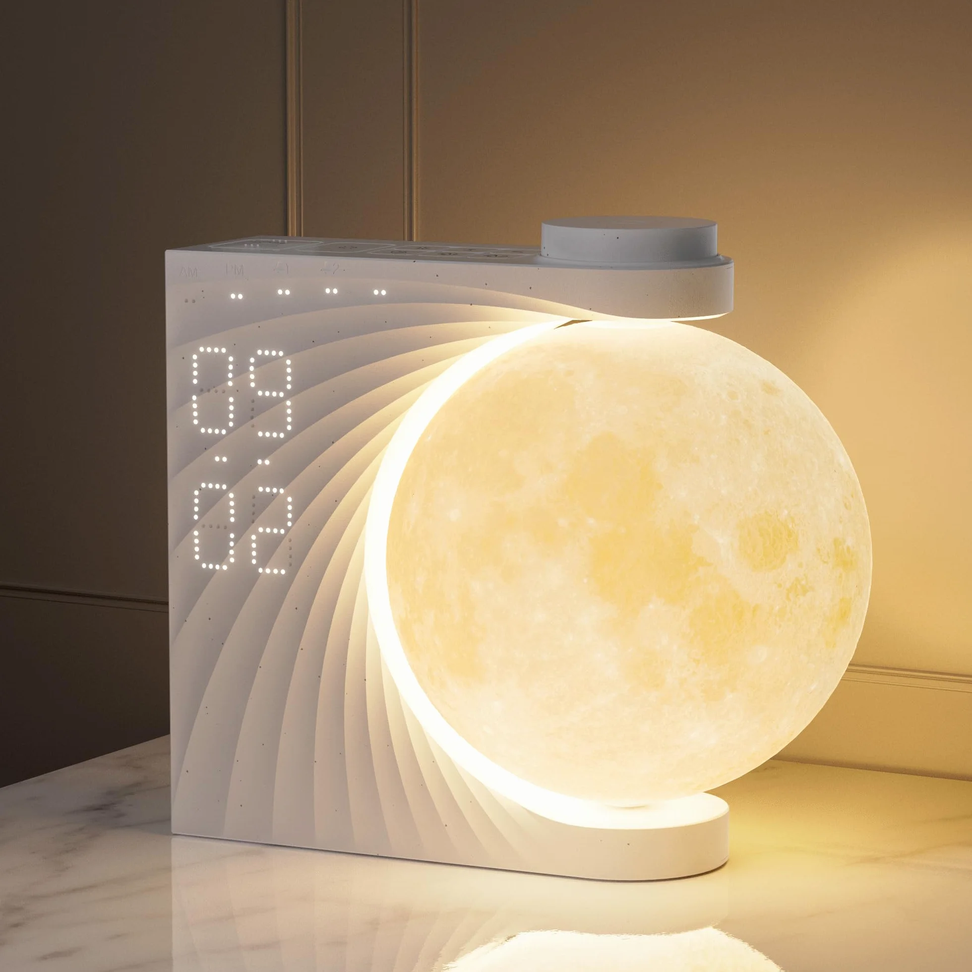RETEYUNG Lampa księżycowa z budzikiem świetlnym, 8 kolorów RGB, naturalne dźwięki, 3-poziomowa jasność, lampka nocna