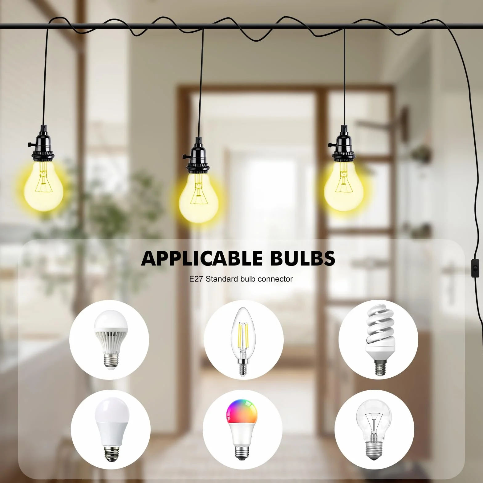 Lampa wisząca industrialna E27 z wtyczką i przełącznikiem, kabel 1,8 m