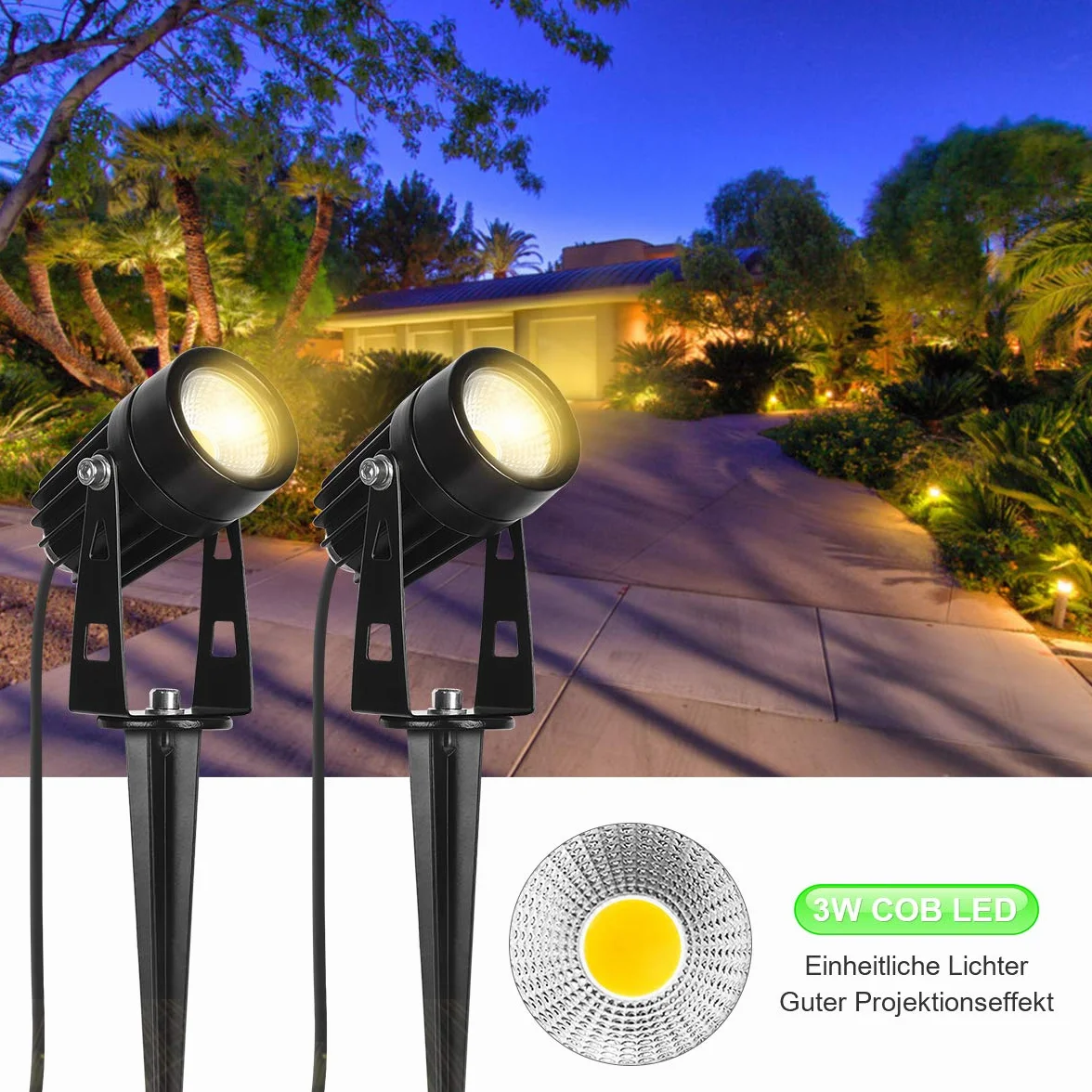 3-częściowy zestaw oświetlenia ogrodowego LED z ostrzem do wbijania w ziemię, 3 W, lampa ogrodowa z wtyczką, 1080 lm, wodoszczelna lampa ogrodowa, reflektor ogrodowy, reflektor zewnętrzny,