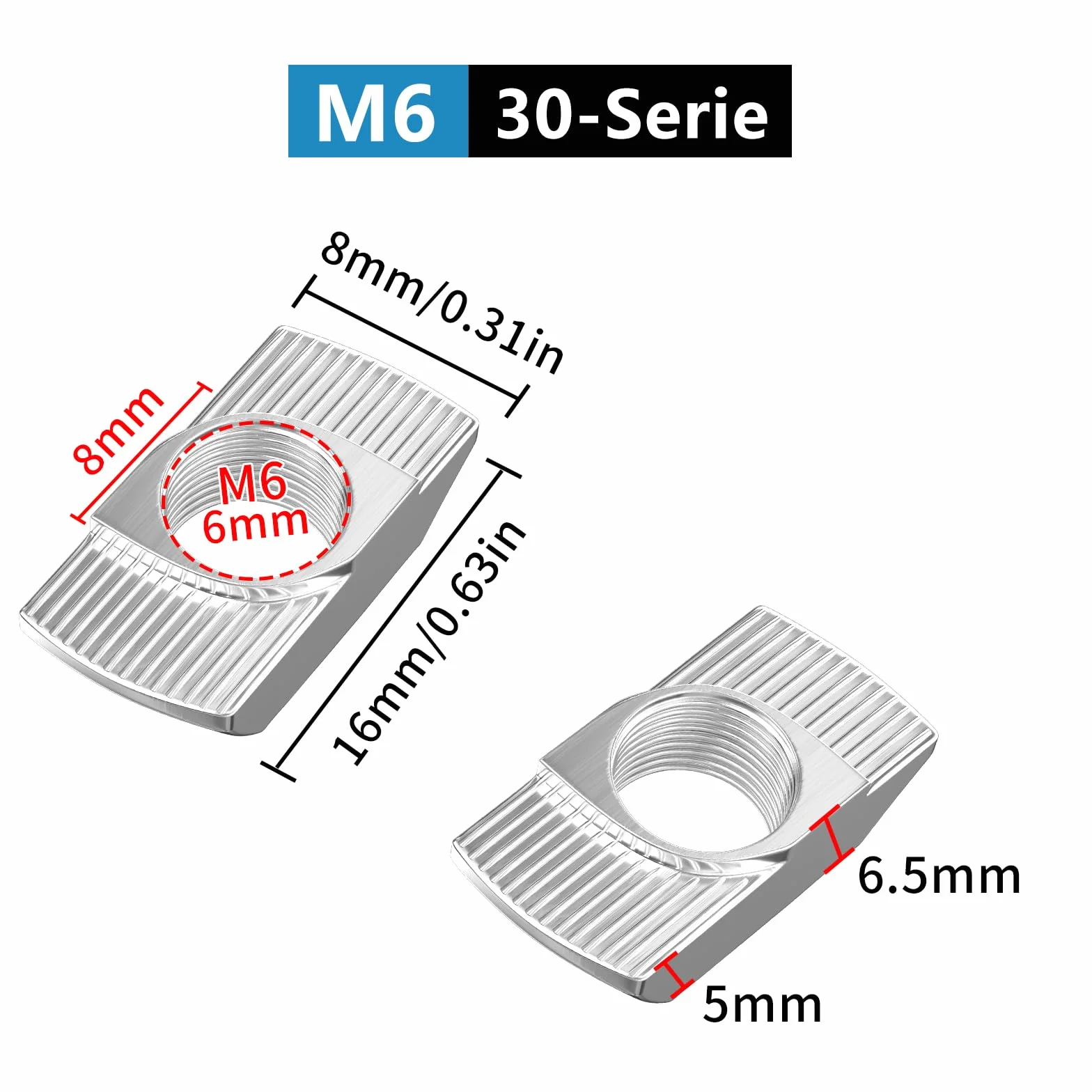 Nakrętki udarowe T M6 do profilu aluminiowego szyny szczelinowej EU30-M6, 50 sztuk