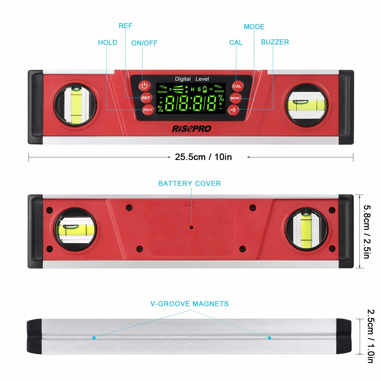 RISEPRO Cyfrowy poziom magnetyczny i kątomierz 10-calowy elektroniczny inklinometr IP54 z dużym wyświetlaczem VA i podstawą z rowkiem V DL135N