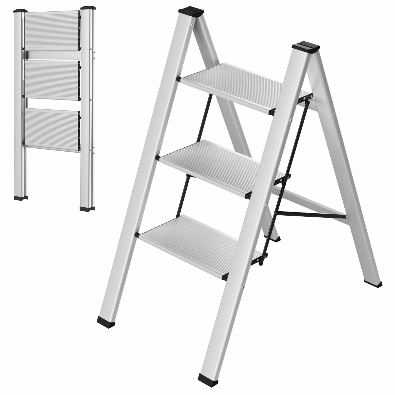 LIFERUN Aluminiowa drabina z 3 stopniami, składana, antypoślizgowa, stojąca, wielofunkcyjna, 150 kg, srebrna
