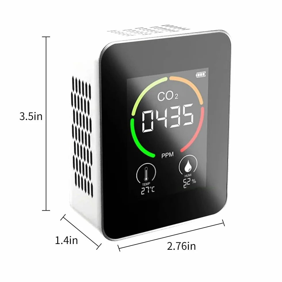 Detektor CO2, monitor CO2, monitor dwutlenku węgla, czujnik CO2, cyfrowa ładowarka USB, czujnik jakości powietrza, czujnik wilgotności powietrza, do domu, biura, na siłownię, do samochodu, biały