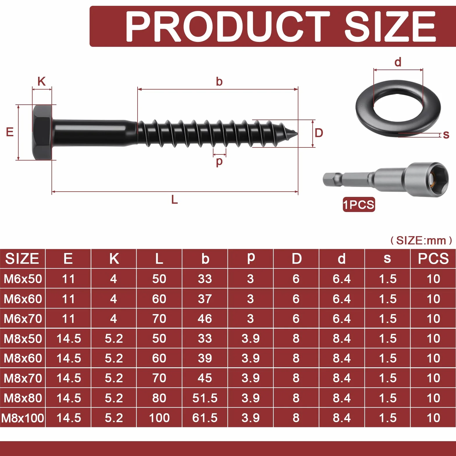 Wkręty do drewna sześciokątne M6 x 60 mm czarne stal nierdzewna A2 V2A