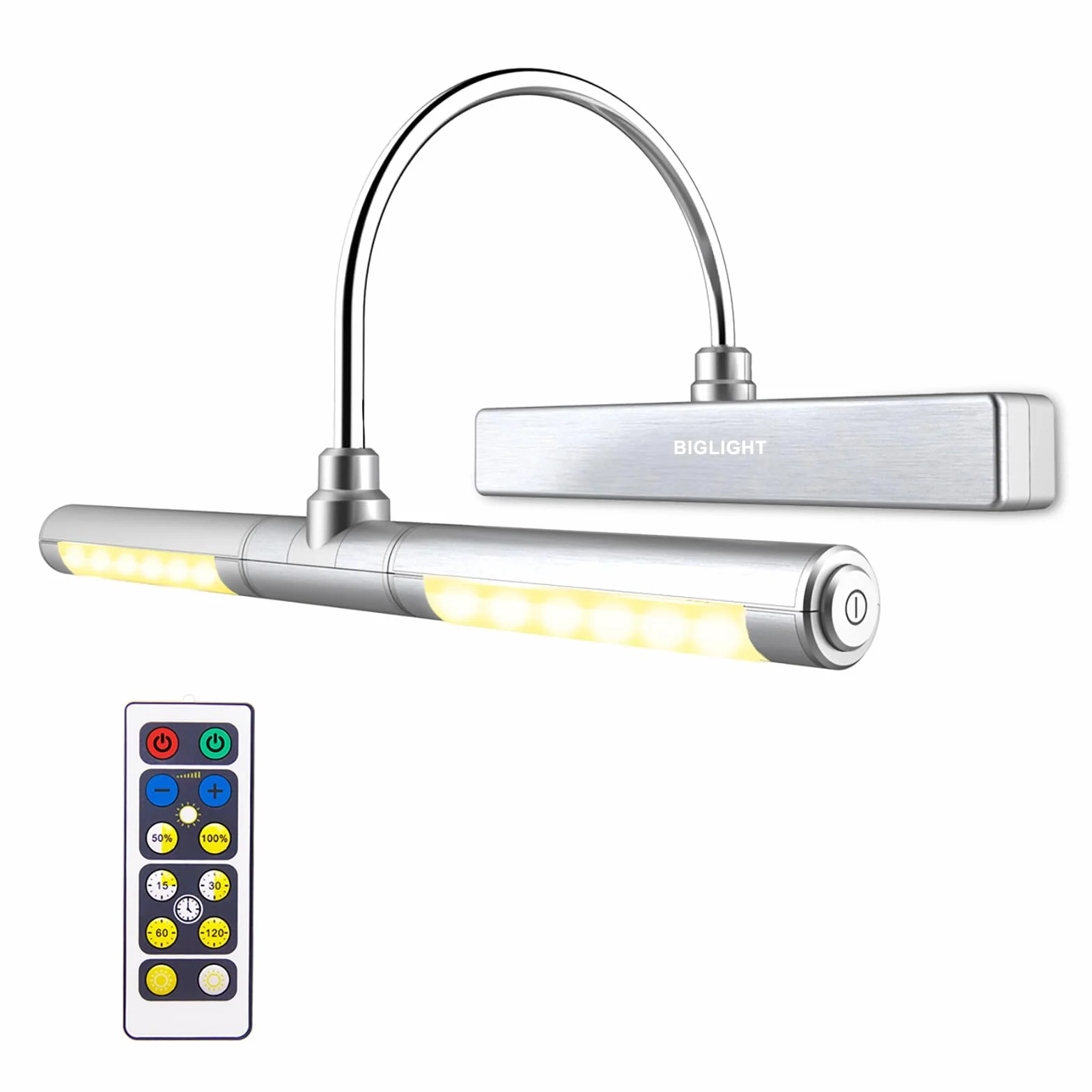 BIGLIGHT Oświetlenie obrazu z pilotem zdalnego sterowania, bezprzewodowe oświetlenie ścienne LED zasilane na baterie, obracana głowica świetlna 33 cm, 3 tryby oświetlenia, ściemniane światło do zdjęć tarczy rzutek - srebrny