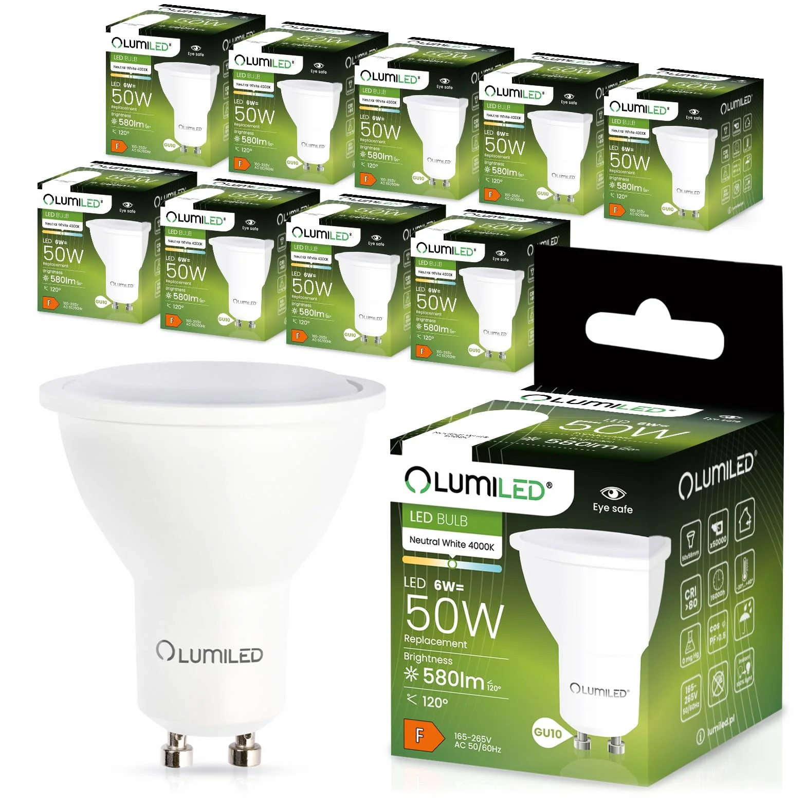 LUMILED GU10 LED 6W 580lm 4000K Neutralna Biała Żarówka Punktowa 120° 10 Sztuk