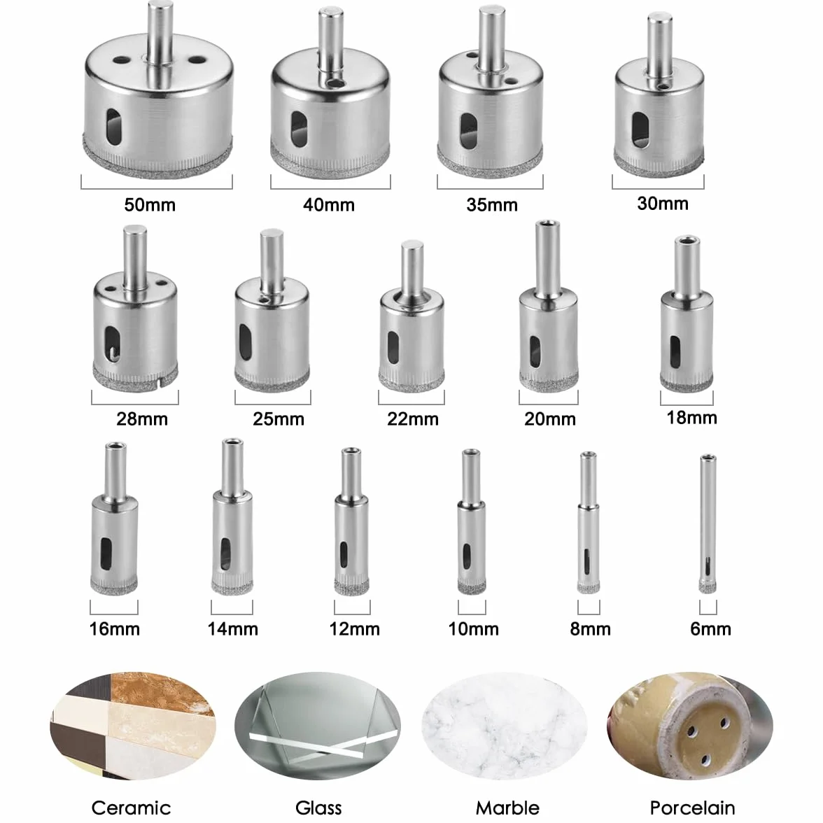 flintronic Wiertło diamentowe zestaw 15 sztuk 8mm-50mm do szkła płytek ceramiki marmuru porcelany