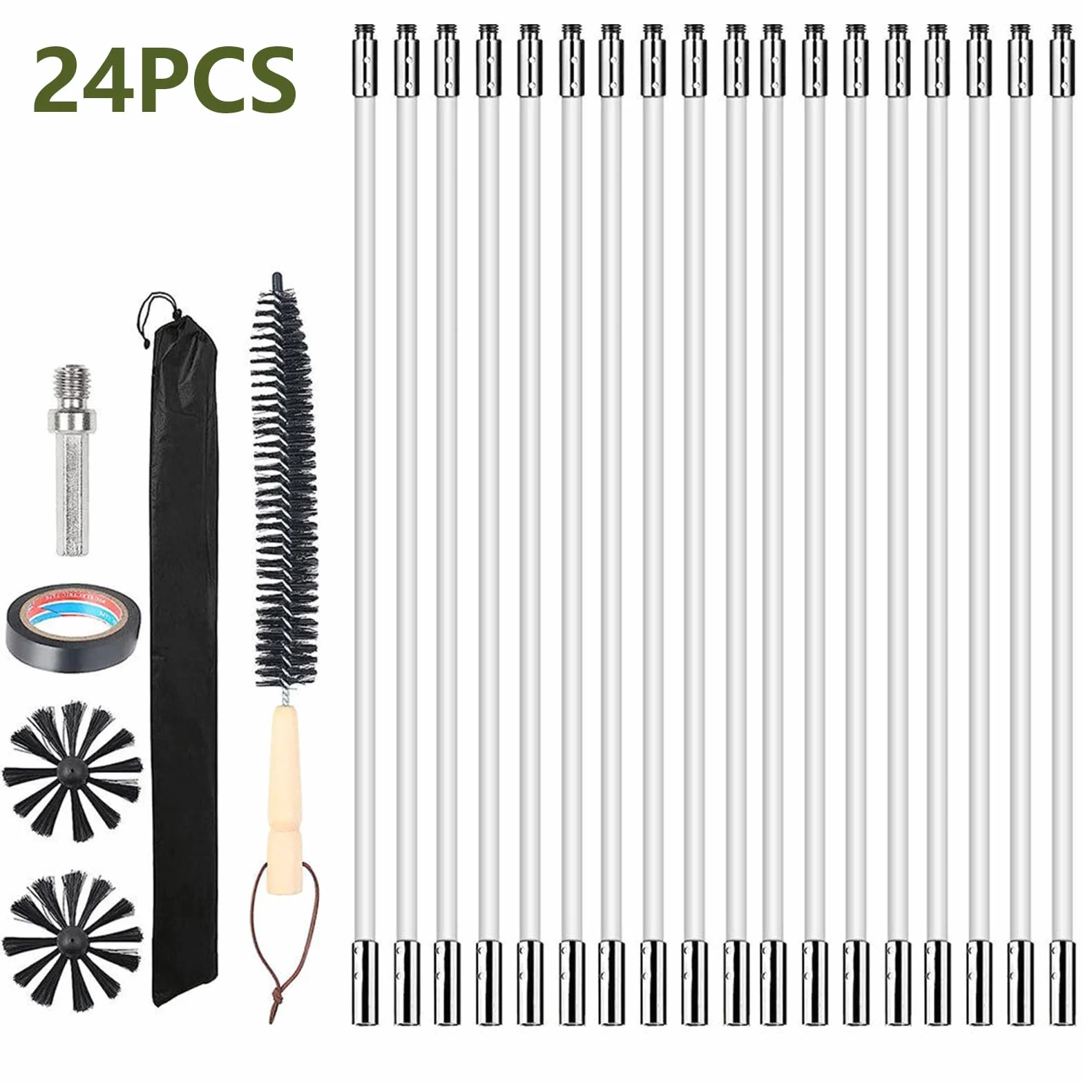 Zestaw szczotek do rur piecowych i kominka, 24 szt., 18 elastycznych prętów 410 mm + 2 głowice + 1 długa szczotka