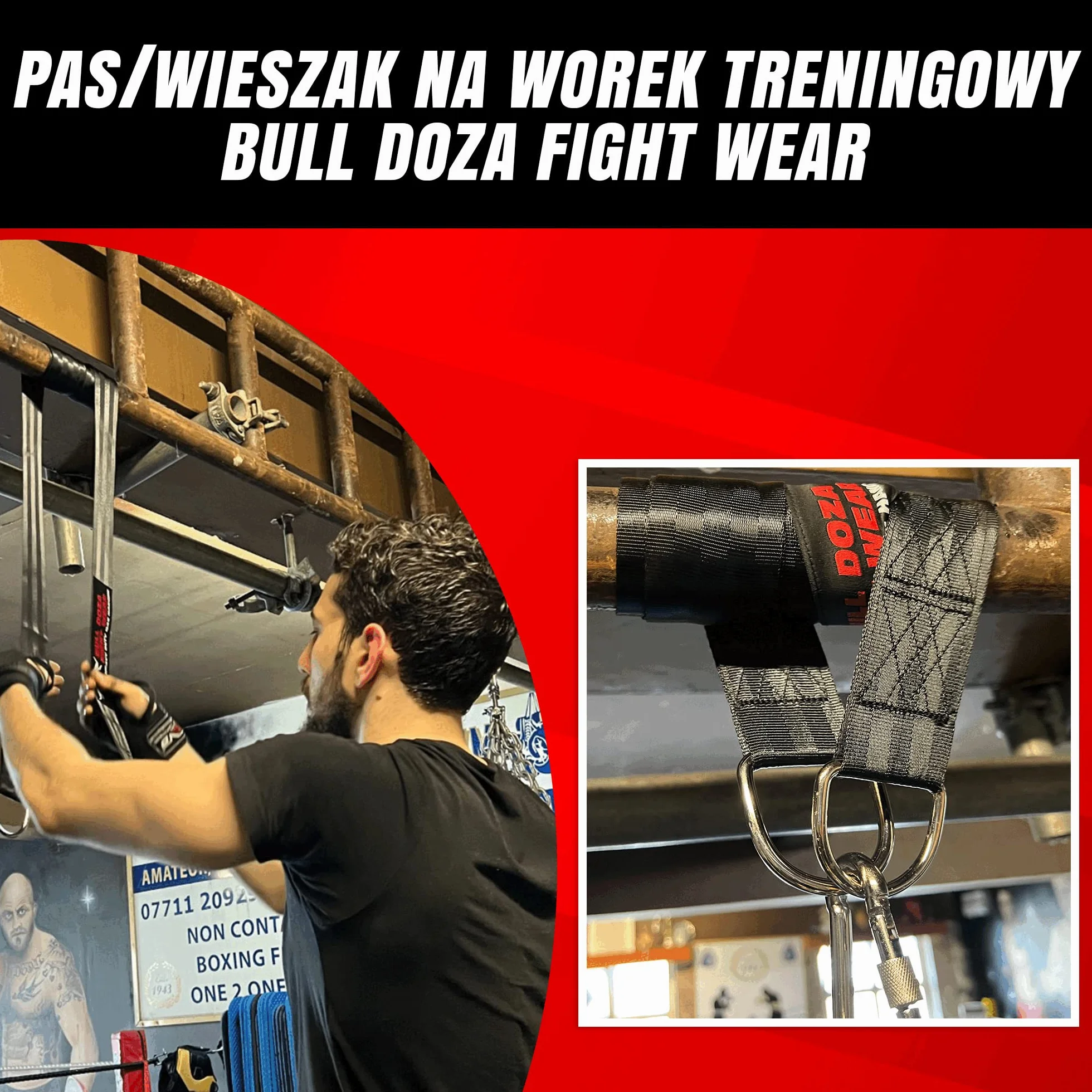 BULL DOZA FIGHT WEAR Wieszak na worek bokserski - cichy mocny antypoślizgowy - trzy rozmiary