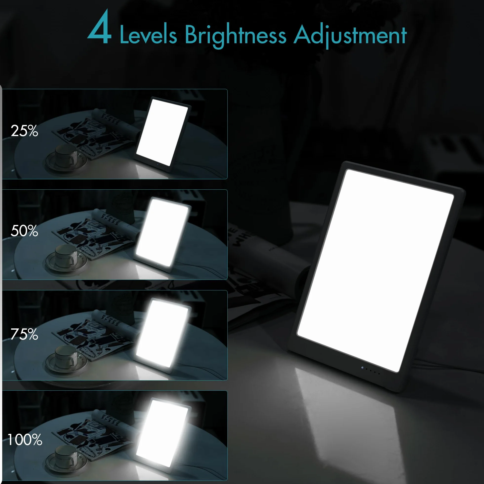Światło dzienne 16000 Lux, lampa solarna bez promieniowania UV z 3 temperaturami barwowymi, 4 poziomy jasności i timer, ze składanym stojakiem pod kątem 45° na biurko do domu i biura