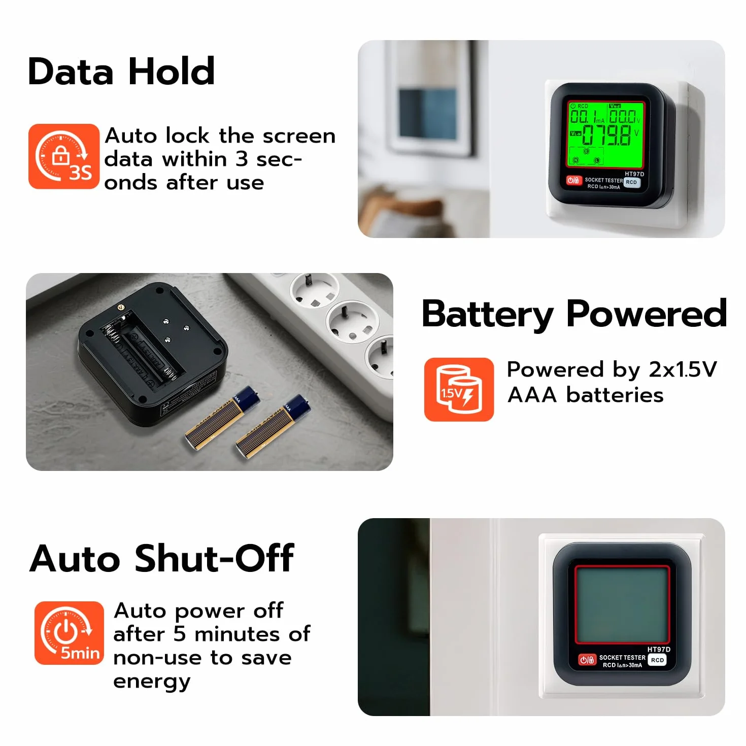 Wigearss Tester gniazd z kontrolą RCD i wyświetlaczem napięcia LCD, 6 rodzajów diagnostyki błędów, napięcie wycieku i wskaźnik prądu, test FI, 30-260 V/45-65 Hz