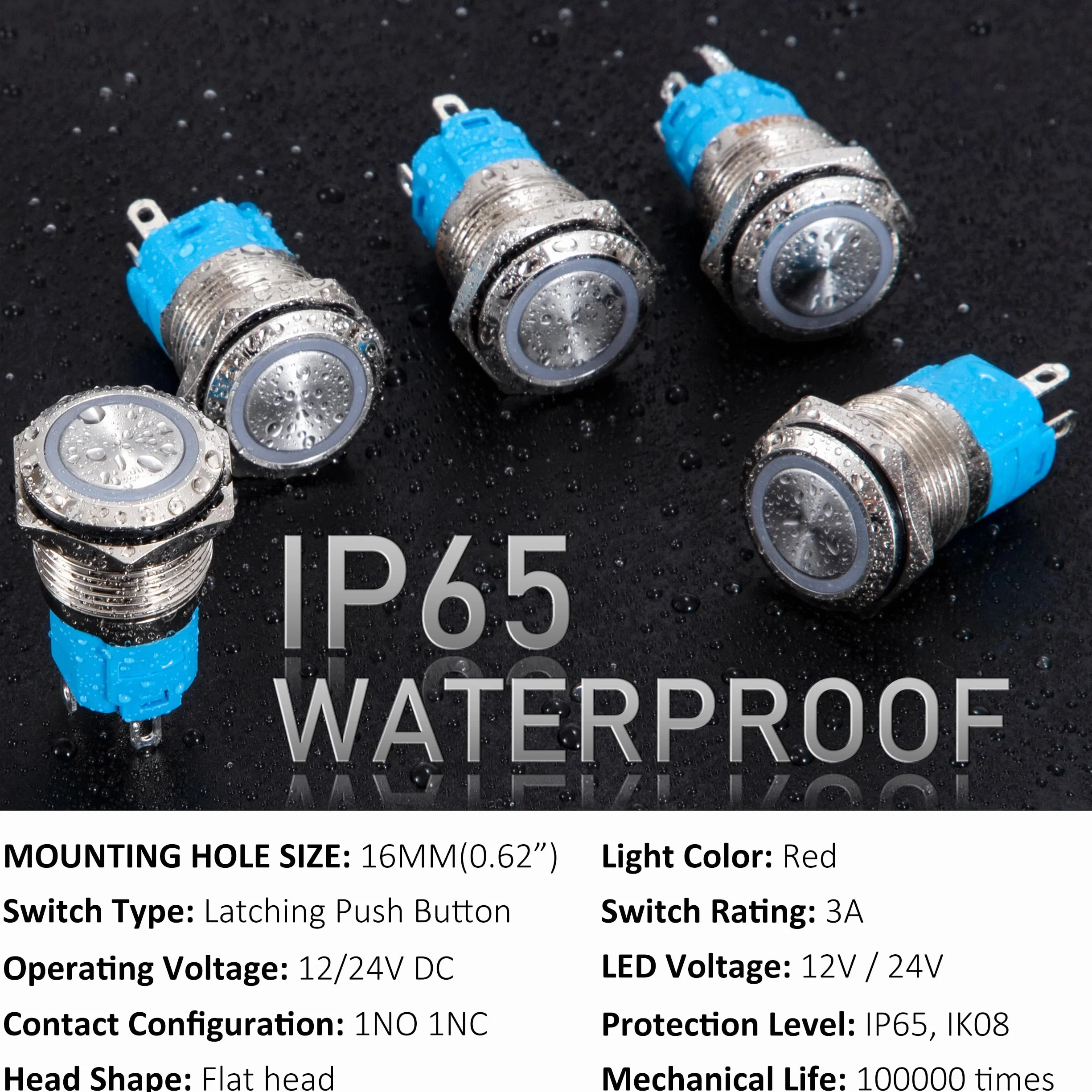 QIMEI-SHOP 5 sztuk Samoblokujący przełącznik przyciskowy 16 mm przyciski 12V-24V 3A Wodoodporne chromowane mosiężne przełączniki przyciskowe z czerwonym pierścieniem LED