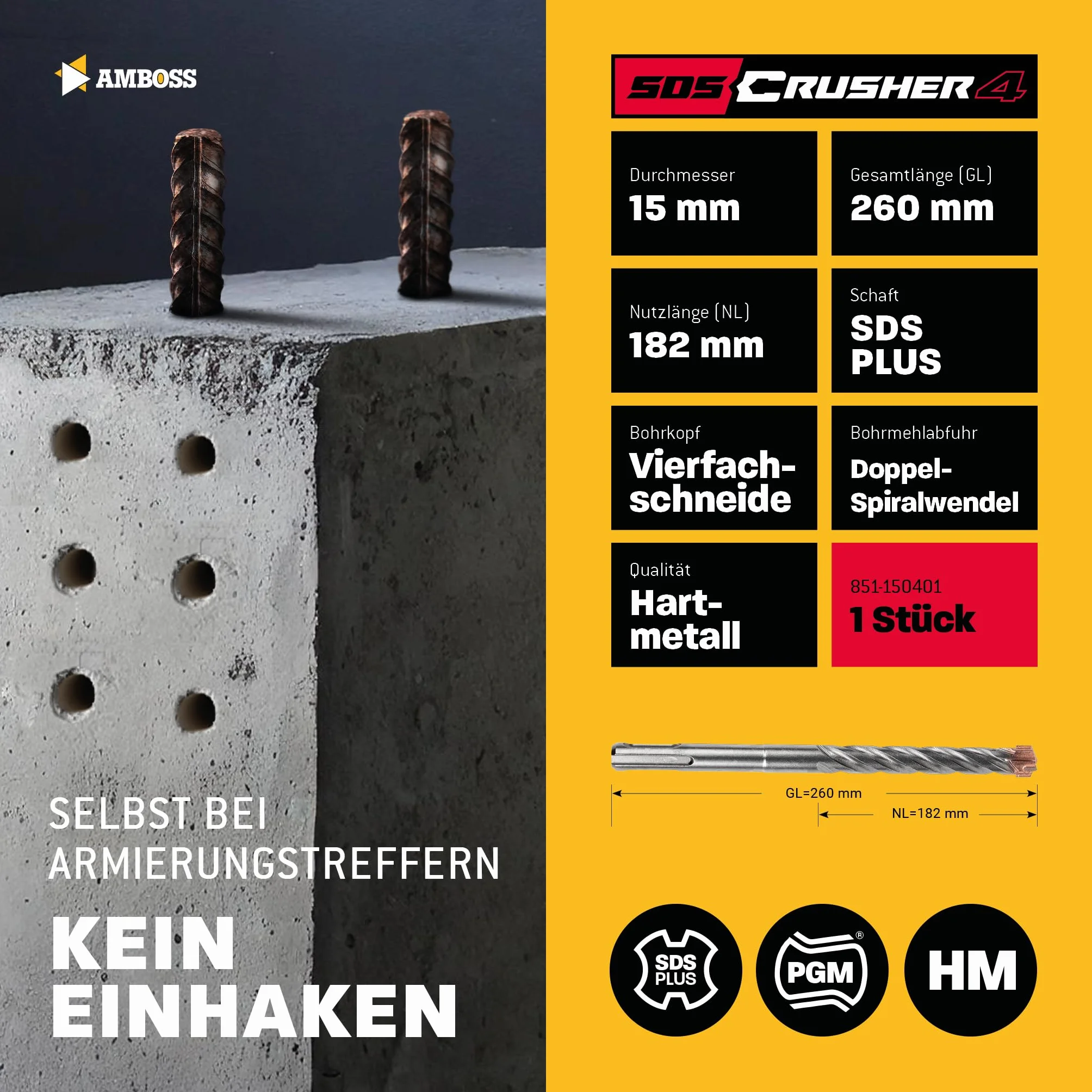 Wiertło udarowe SDS Plus PGM Ø 15,0 mm x 182 mm AMBOSS SDS Crusher 4 HM do betonu