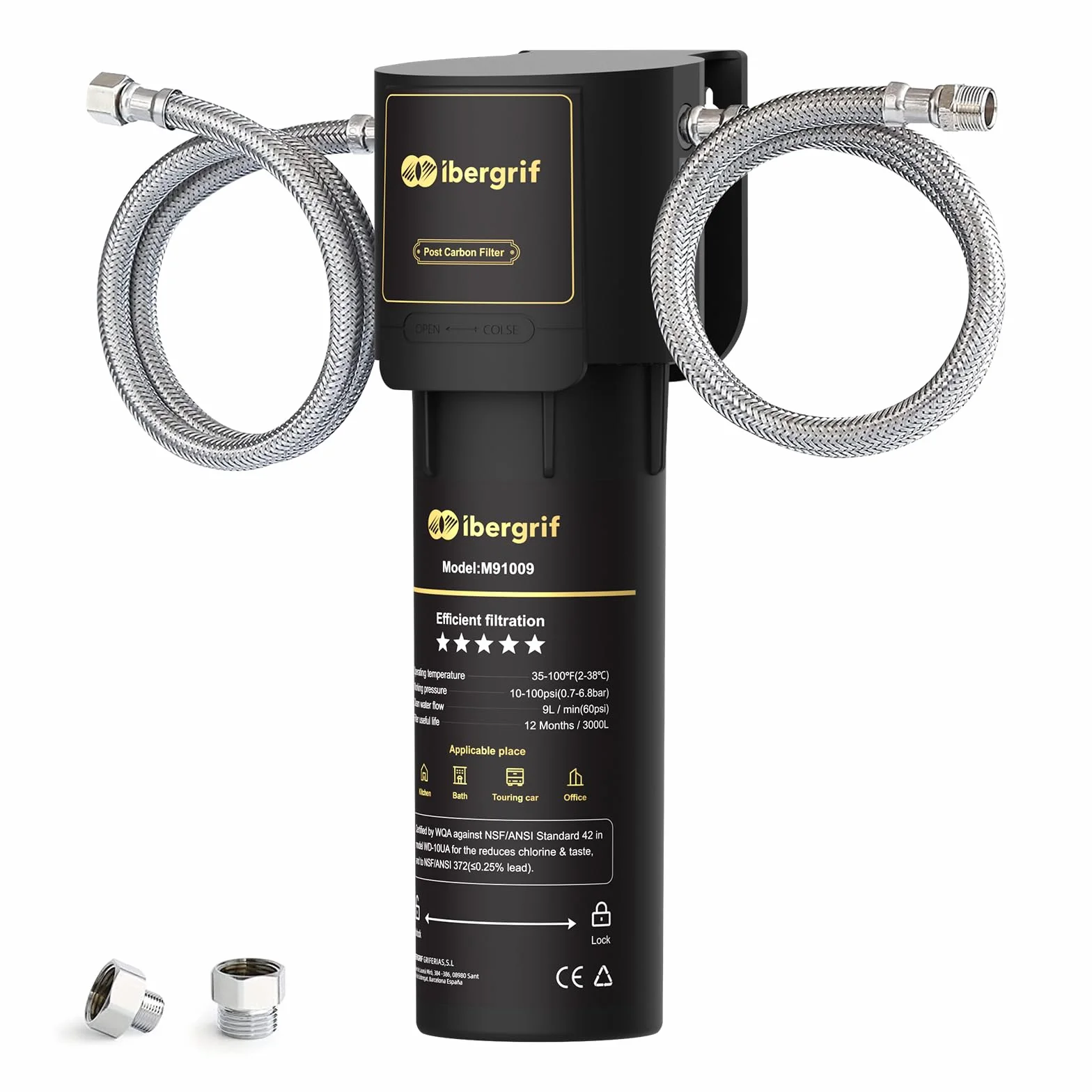 Ibergrif M91009 system filtra wody pod zlewem, NSF/ANSI 42, redukuje chlor, ołów, fluorek, zły smak i zapach, czarny