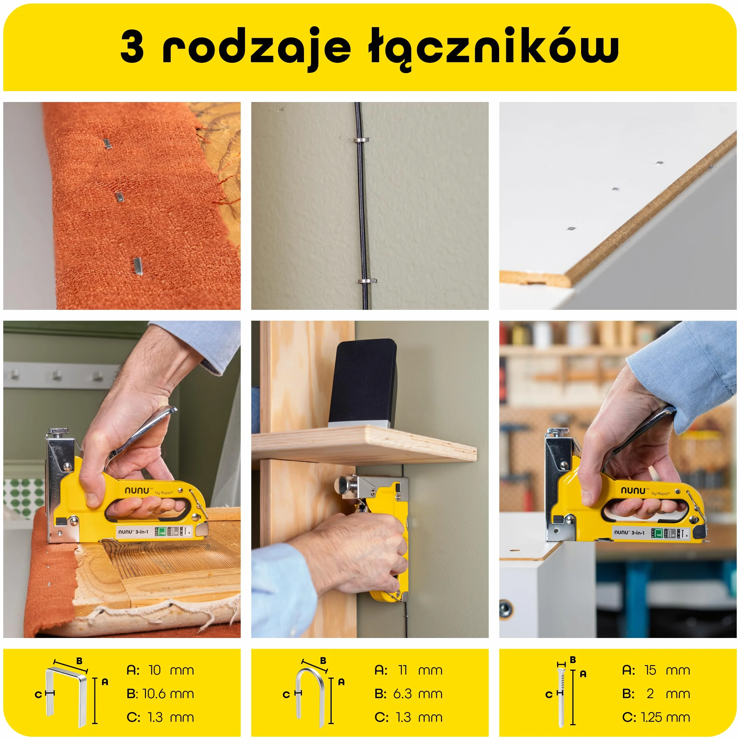 Rapid NUNU Zszywacz 3w1 Taker do Drewna, Ścian, Tapicerski, Regulowana Moc, 3000 Zszywek