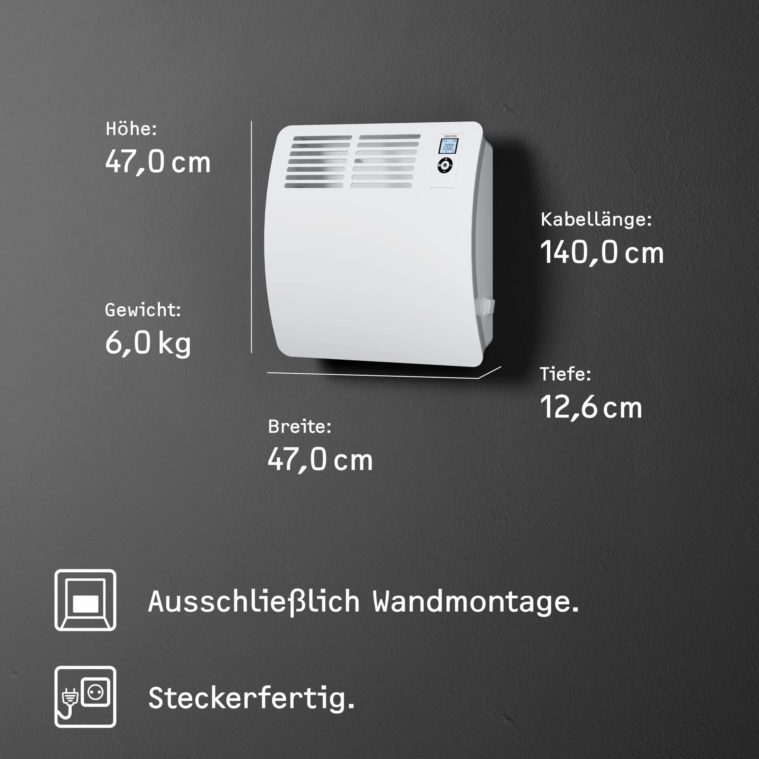 STIEBEL ELTRON Konwektor wiszący CON 10 Premium 1 kW 12 m² VDE LCD programator tygodniowy Silent Mode