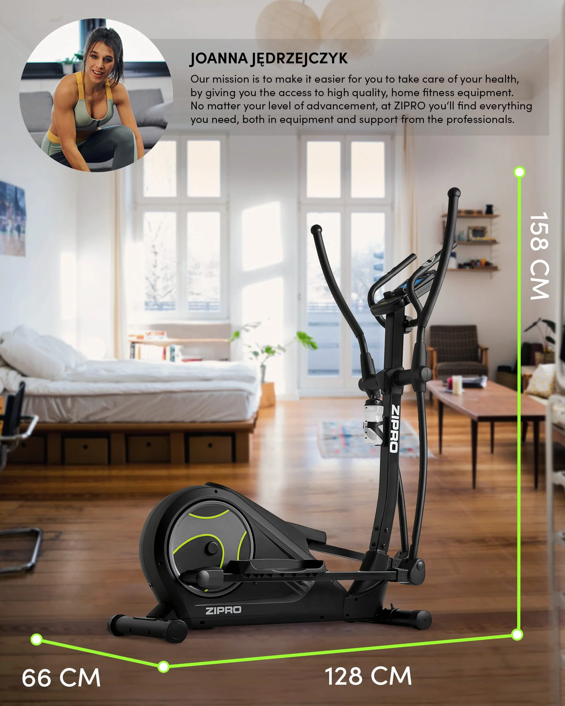 Zipro Heat | Home Magnetyczny orbiter do 150 kg | iConsole+ 8-stopniowy system oporu | trenażer domowy mierzy tętno, kalorie, prędkość | w kolorze czarnym