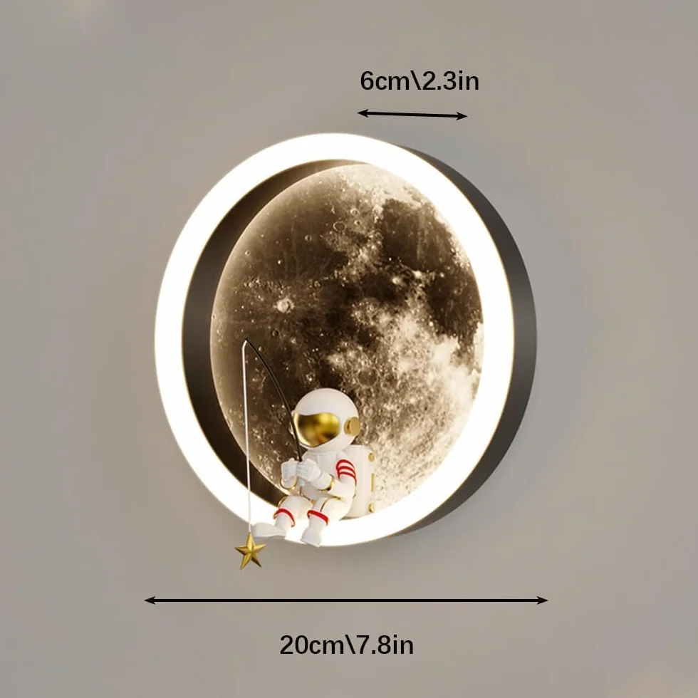 Lampa ścienna LED dla dzieci księżyc, dekoracja astronauty pokój dziecięcy dekoracja zagłówka kinkiet ścienny, 3000k 12W okrągła lampa ścienna do pokoju dziecięcego (A: biała)