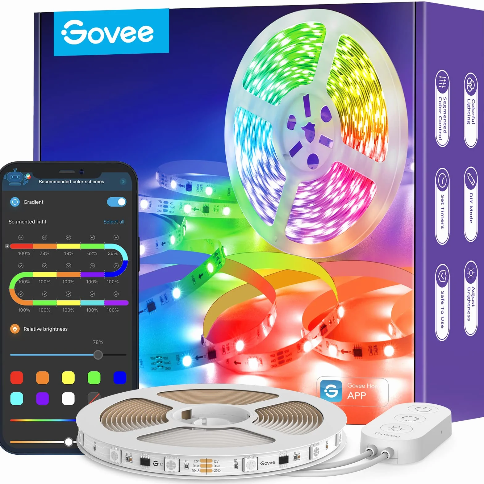 Govee Taśma LED RGBIC, 5 m, synchronizacja muzyki, sterowanie segmentami, 64 tryby scenerii