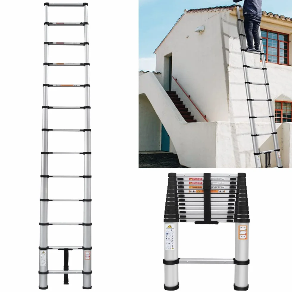 Składana drabina 5M aluminiowa drabina teleskopowa drabina przedłużająca z certyfikatem EN131, wielofunkcyjna drabina krokowa, 12 stopni, lekka, antypoślizgowa drabina wysuwana do domu, nośność 150 kg