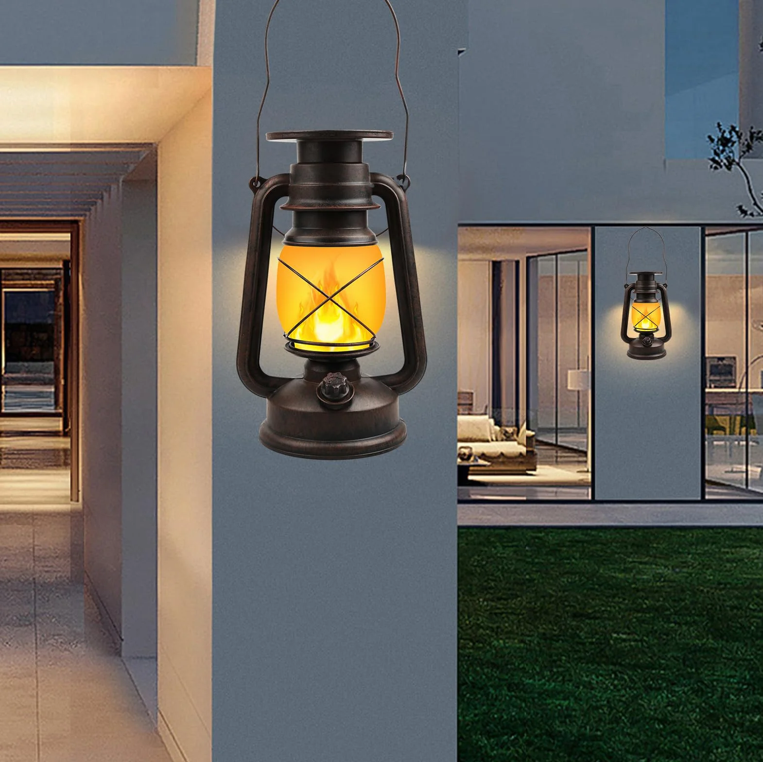 Shinmax Latarnia do użytku na zewnątrz, w stylu retro, 2 sztuki, efekt płomienia, lampa solarna do użytku na zewnątrz, wisząca latarnia, odporna na warunki atmosferyczne, na kemping (solarna)