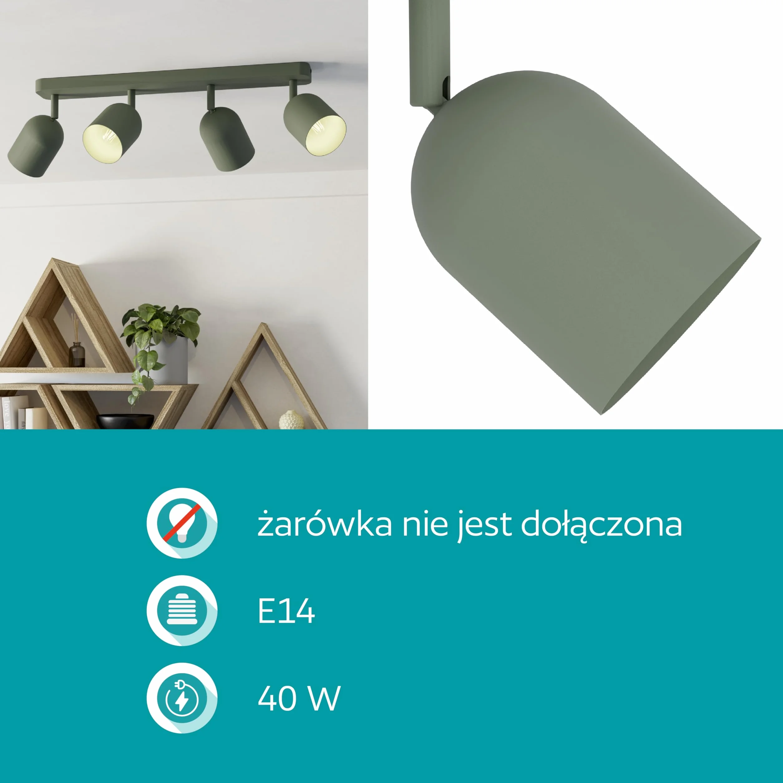 EGLO Tilston Lampa sufitowa 4-żarówkowa, reflektor sufitowy do salonuowa oprawa podsufitowa ze stali w kolorze ciemnozielonym E14