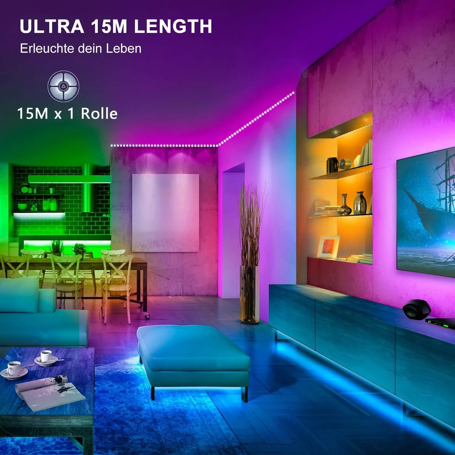 Taśma LED Bluetooth RGB 15 m z pilotem i aplikacją, synchronizacja z muzyką, 16 mln kolorów