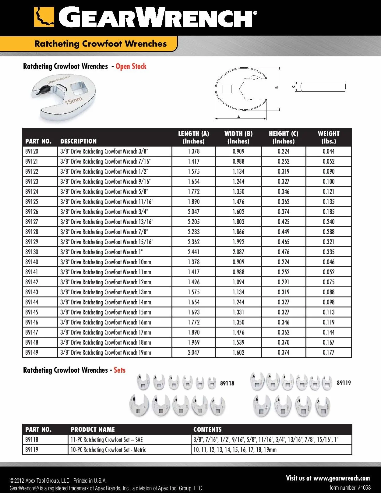 GEARWRENCH Zestaw kluczy grzechotkowych Crowfoot metryczny 10 szt. 89119