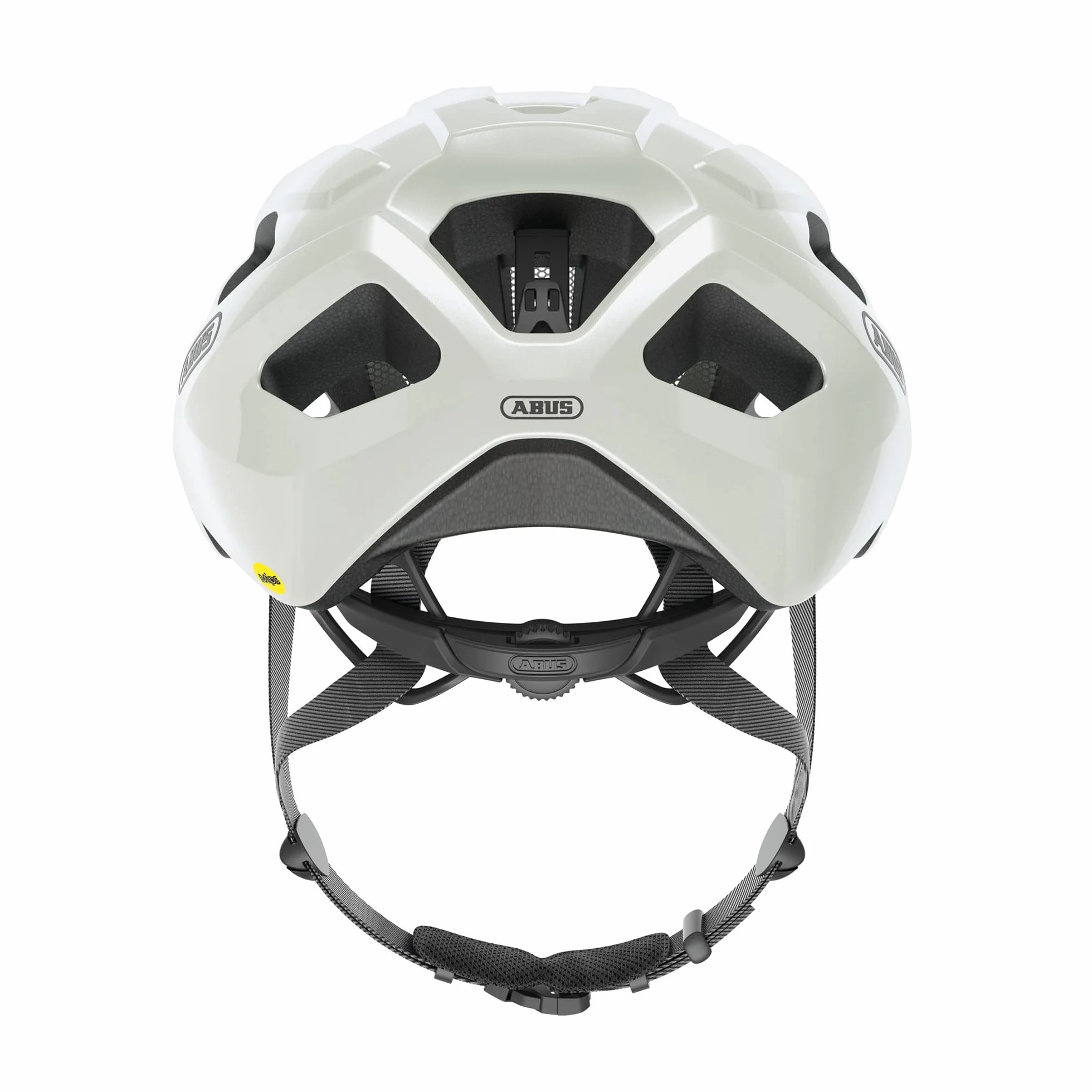 ABUS Kask szosowy Macator MIPS - podstawowy kask rowerowy z daszkiem - odpowiedni dla osób noszących kucyk - dla mężczyzn i kobiet - biały, rozmiar M
