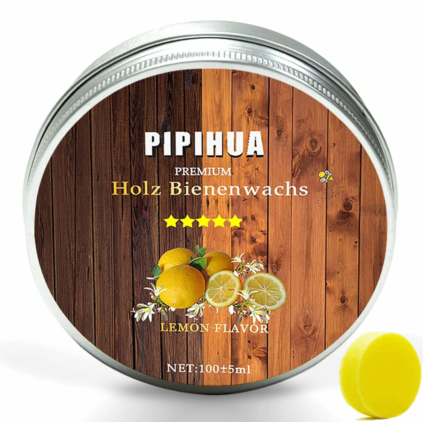 Pielęgnacja mebli, wosk pszczeli, naturalna pielęgnacja drewna, wodoszczelny, odporny na ścieranie, do pielęgnacji mebli i ochrony drewna mebli drewnianych, środek polerujący do drewna i mebli, 100g z gąbką (cytryna)