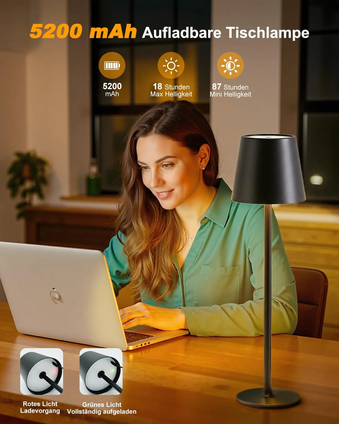 Bonsery Bezprzewodowa lampa stołowa LED 5200 mAh USB 2 wysokości 3 temperatury barwowe 2700-6500 K wodoszczelna metalowa dotykowa ściemniana