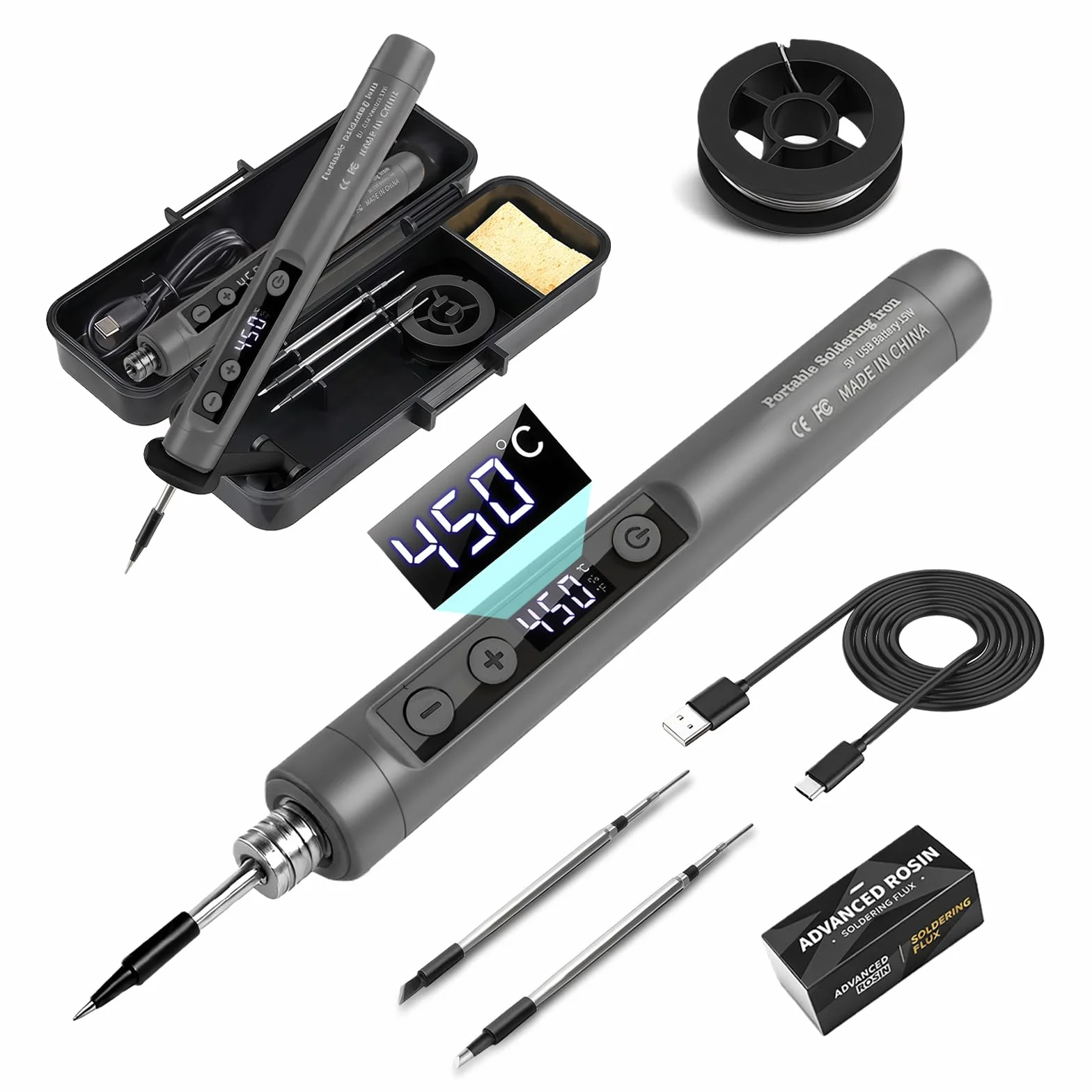 Flintronic Bezprzewodowa Lutownica Zestaw, Ładowalna USB z Wyświetlaczem LCD, Regulowana Temperatura 180°C-450°C, Szara