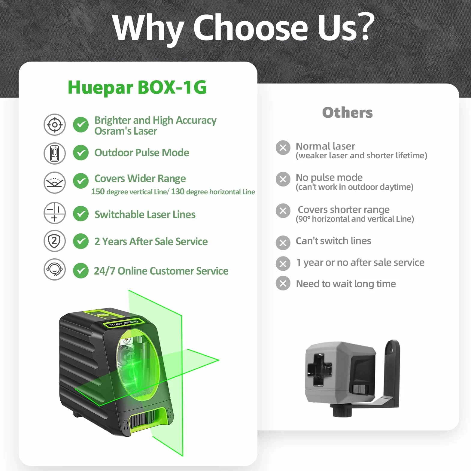 Huepar BOX-1G Laser krzyżowy zielony samopoziomujący zasięg 25 m H130° V150°