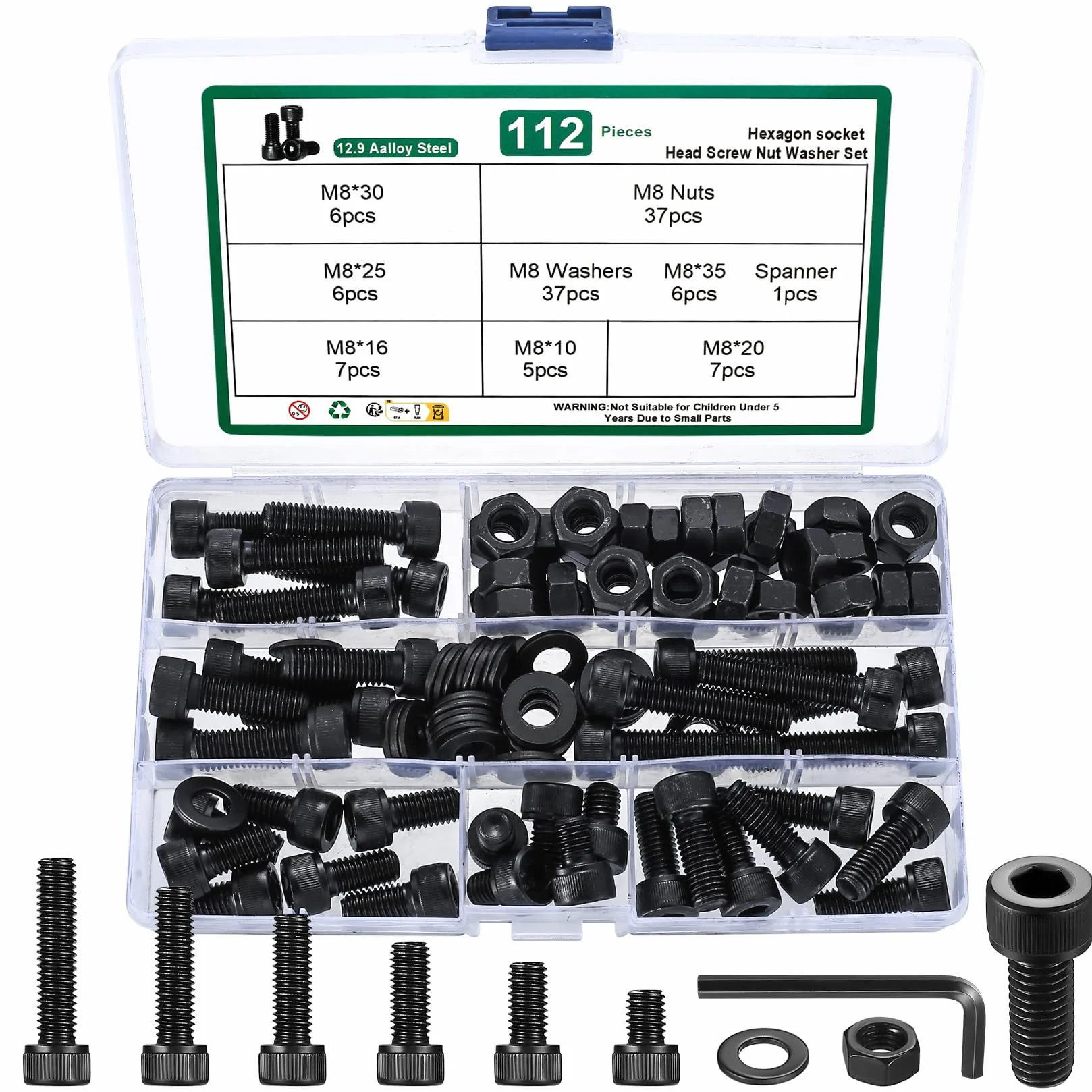 Zestaw śrub sześciokątnych M8, 112 szt. stal węglowa 12,9