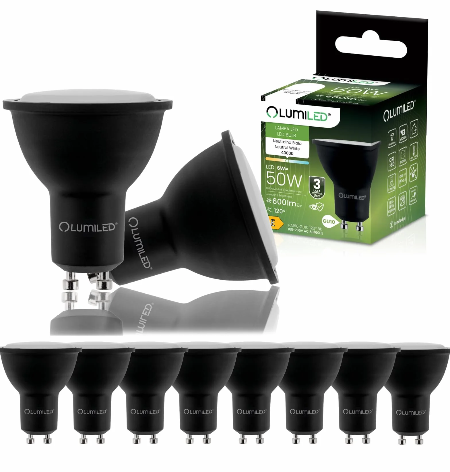 Lumiled Żarówka LED GU10 Reflektor PAR16 Czarna 6W 600lm 4000K Neutralna biel 120° Zestaw 10 sztuk