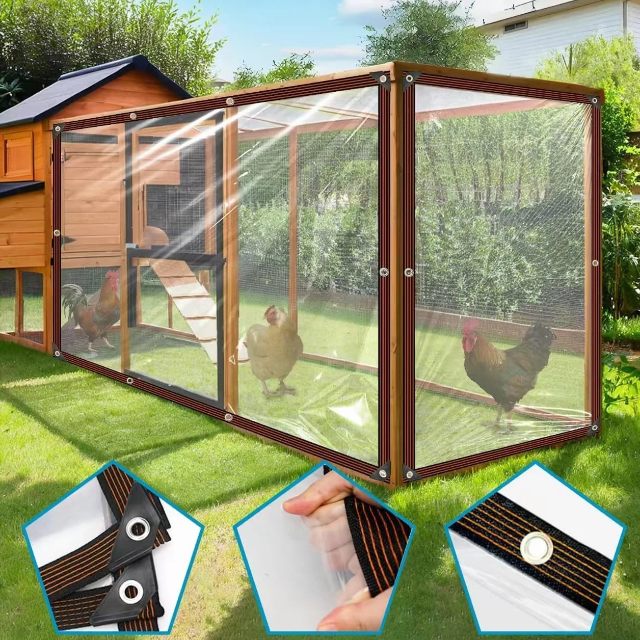 Przezroczysta plandeka z oczkami – 1,5 x 5 m, przezroczysta plandeka na taras, kurnik