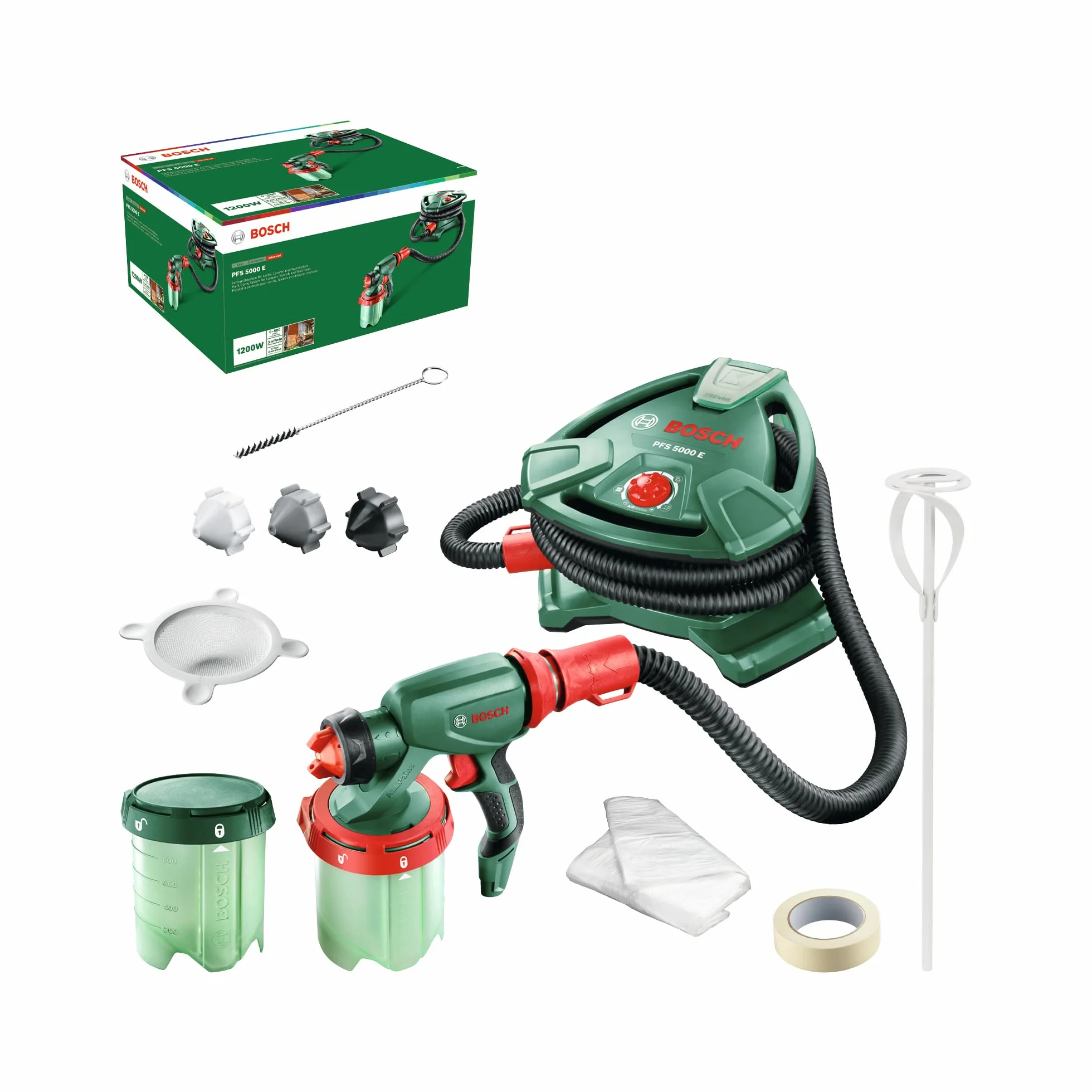 Bosch System natryskowy PFS 5000 E (1200 W, 2 x pojemnik na farbę 1000 ml, dysze do farb ściennych, lakierów i lazur, w kartonie)