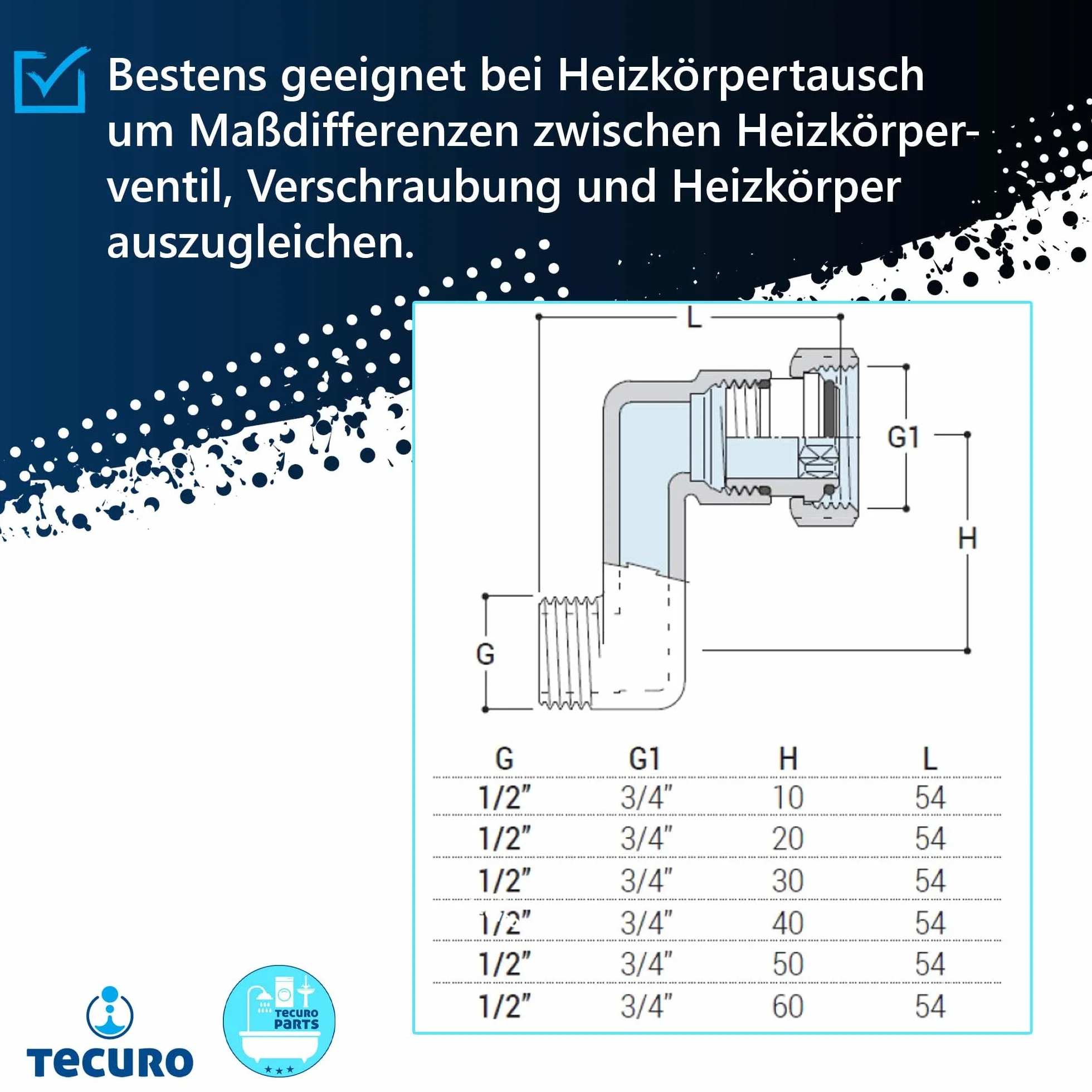 Tecuro Grzejnik S-Connector 30 mm Regulacja wysokości z Eurocone DN 15 Gwint zewnętrzny x DN 20 Nakrętka Unionowa Mosiądz Niklowany AGS-30