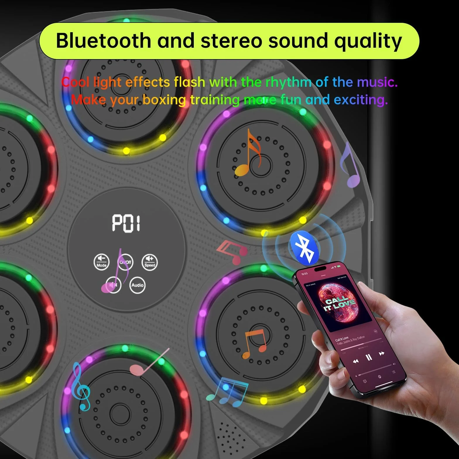 Maszyna do boksu muzycznego dla dorosłych z Bluetooth – 9 trybów oświetlenia, inteligentny licznik, 3 tryby instalacji (17,3 cala) | Muzyczna ściana bokserska, idealna siłownia/dom