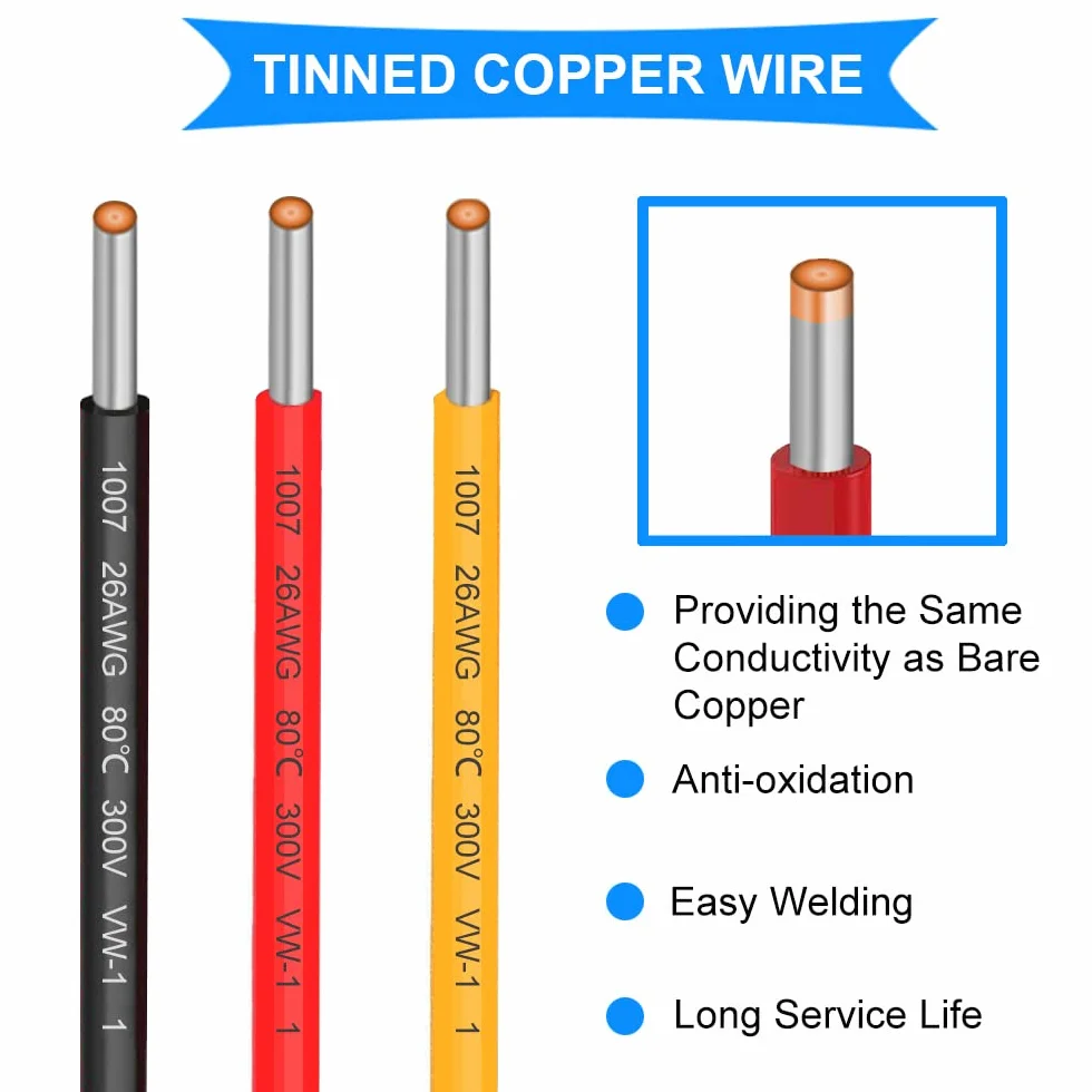 Zestaw kabli połączeniowych 26AWG, kabel elektryczny 26 Gauge, izolacja PVC 300 V, ocynowany drut miedziany, 3 kolory (czarny, czerwony, żółty)