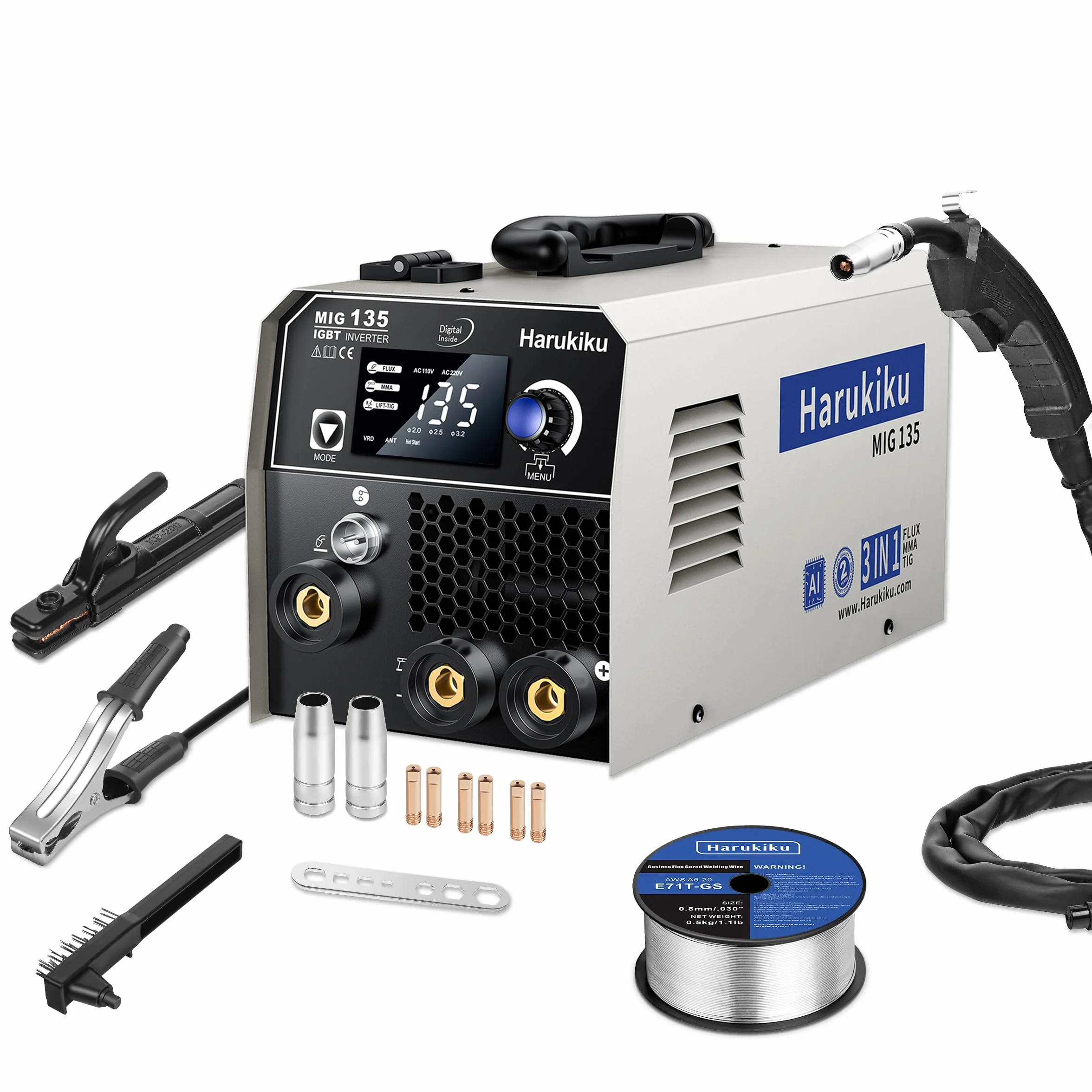 Harukiku135 Spawarka 3w1 Wieloprocesowa MIG MMA Lift TIG Synergicznym Podajnikiem Bezgazowa Kompaktowy Inverter IGBT