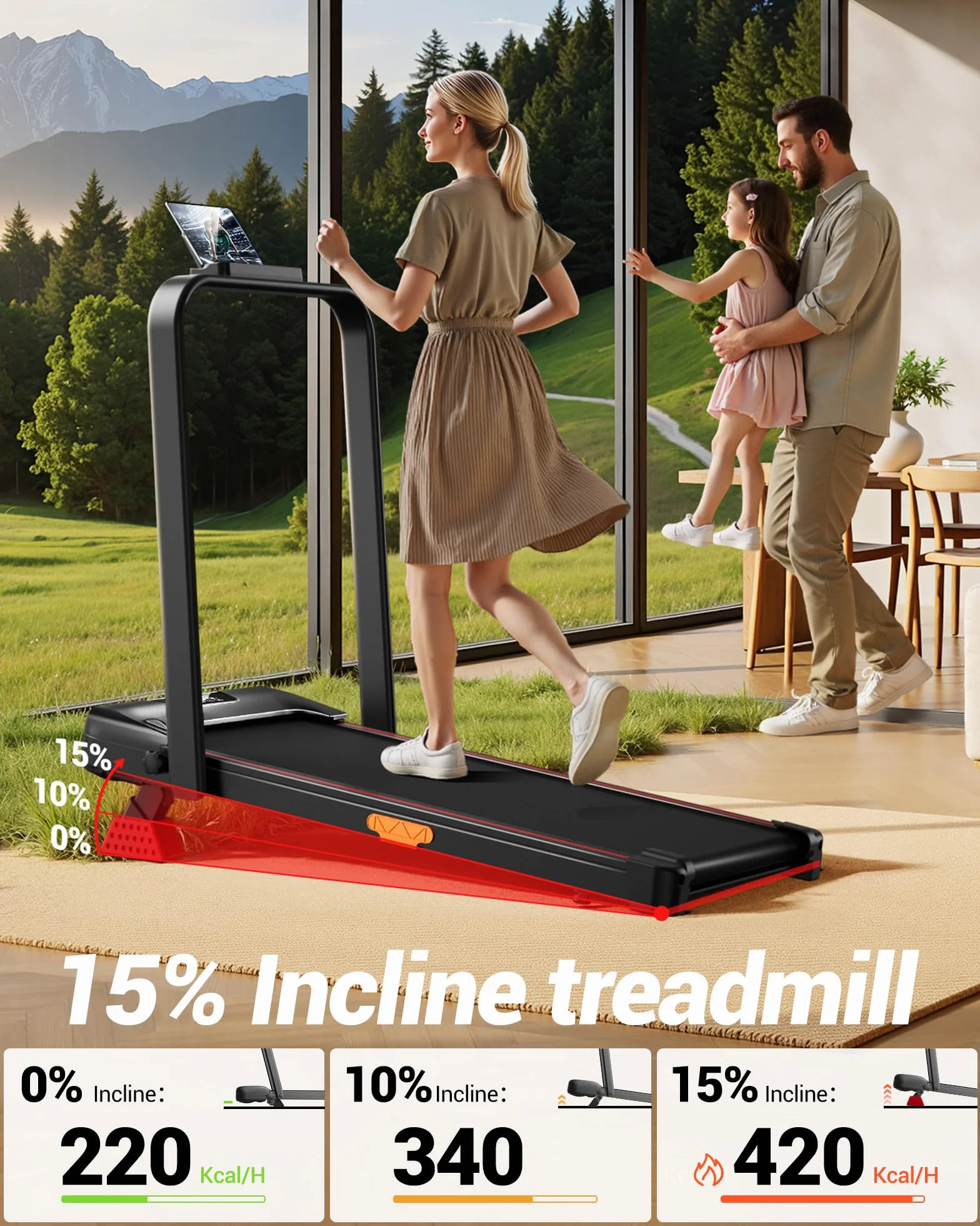 LONTEK Bieżnia domowa z nachyleniem 15%, bieżnia do chodzenia z prędkością do 12 km/h, składana bieżnia z silnikiem 3.0 HP i wyświetlaczem LED,Maks. obciążenie 136kg