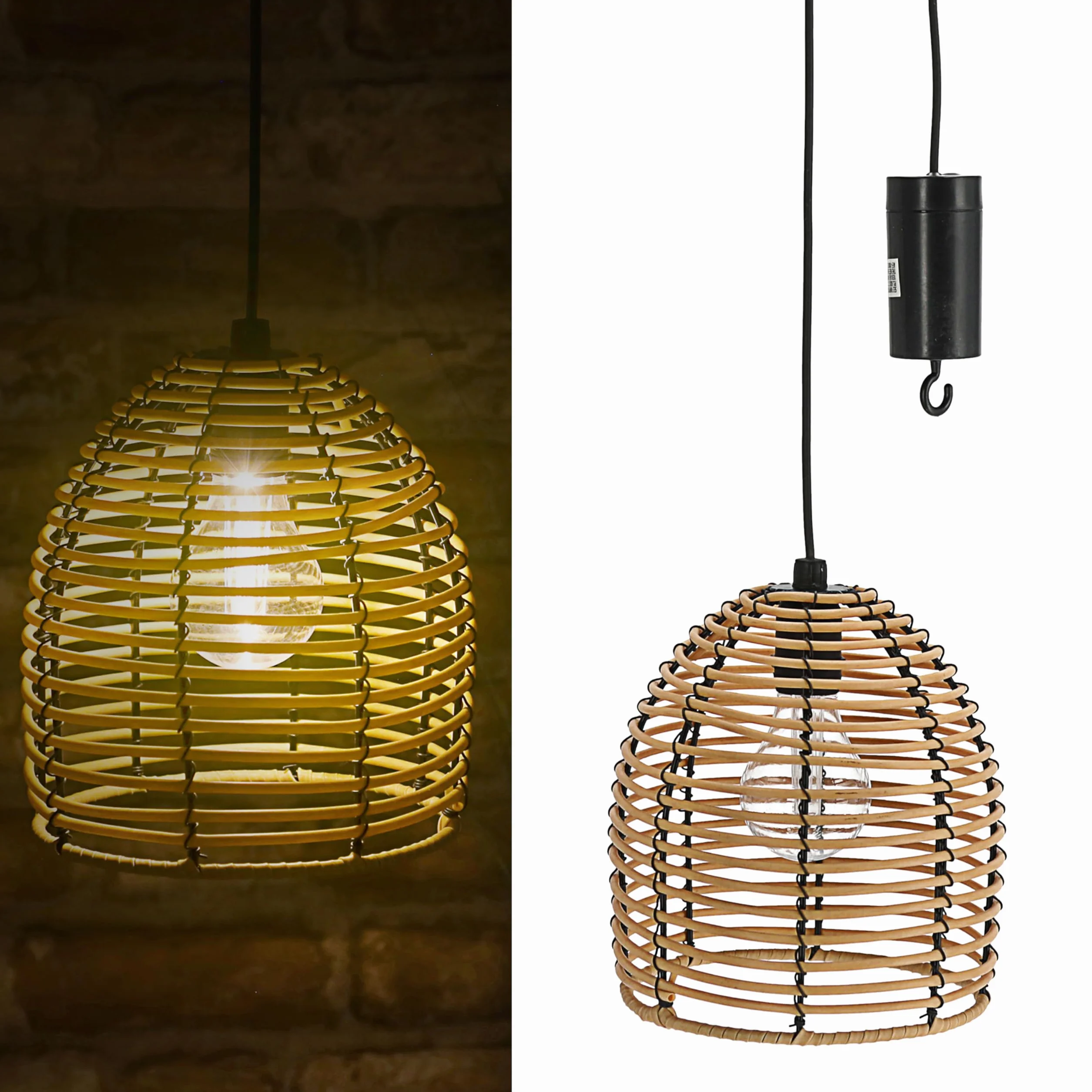 Lampa rattanowa LED, zasilana bateriami, 16 x 18 x 16 cm, ciepła biel, przewód zasilający 80 cm, lampa wisząca z funkcją timera, nadaje się do użytku na zewnątrz