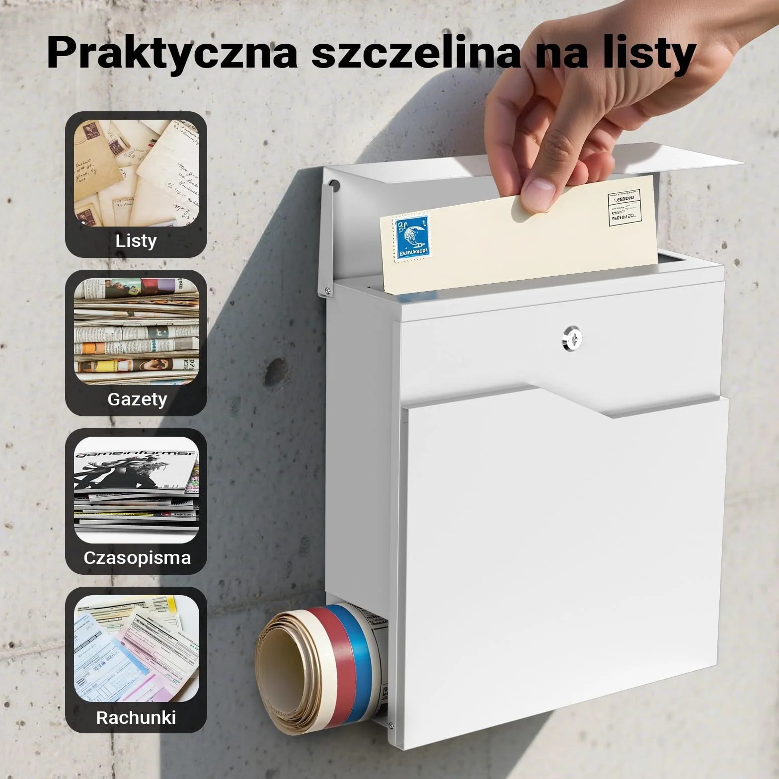 Wiltec Skrzynka na listy biała V19, stalowa z ukrytym zamkiem, nowoczesna skrzynka pocztowa do montażu na ścianie i stojaku, miejsce na gazety